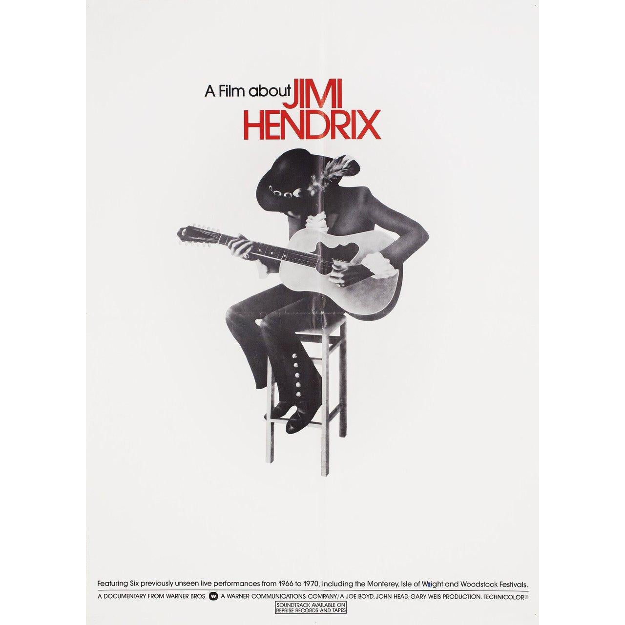 Originales US-Plakat von 1973 für den Dokumentarfilm A Film about Jimi Hendrix unter der Regie von Joe Boyd / John Head / Gary Weis mit Arthur Allen / Albert Allen / Stella Benabon / Eric Barrett. Sehr guter Zustand, gefaltet. Viele Originalplakate