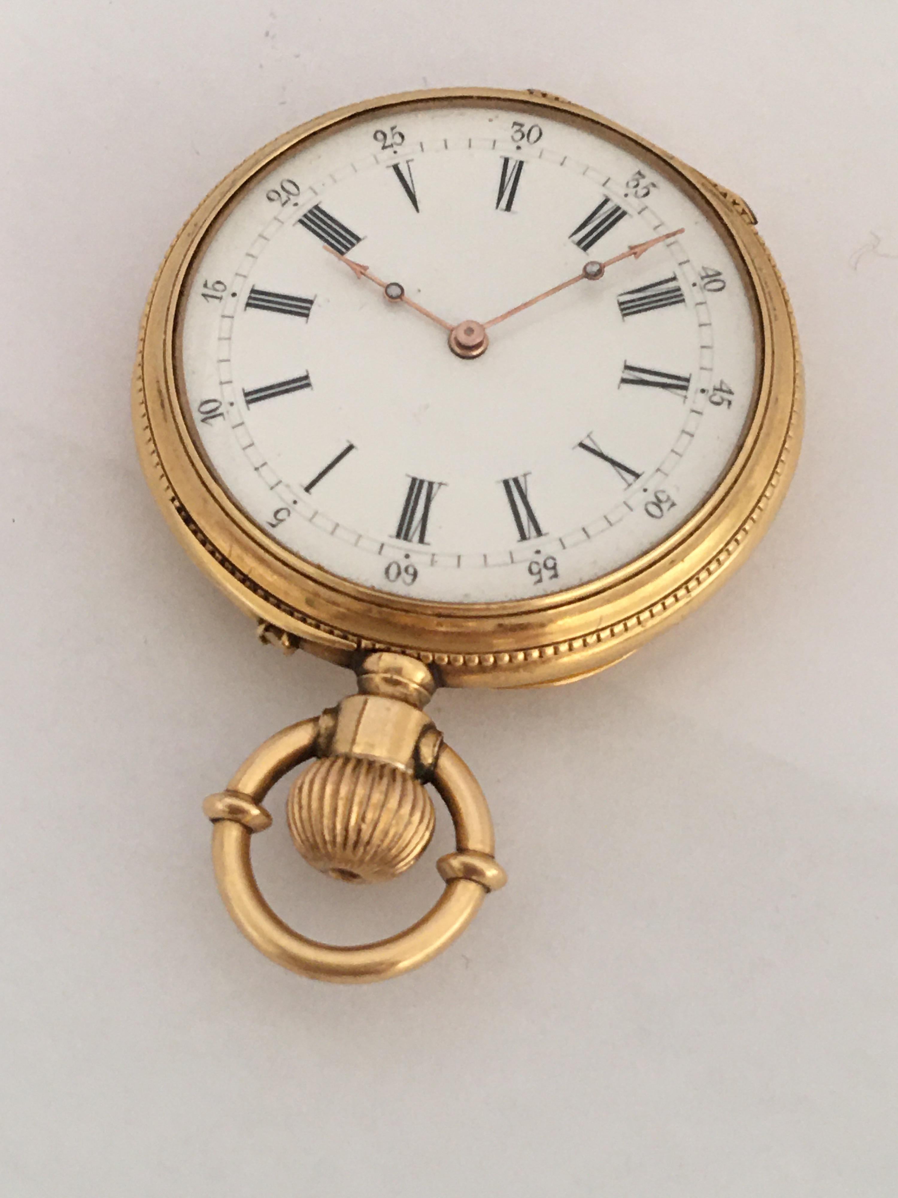 This beautiful pre-own 35mm diameter 18K Gold Hand-winding pocket watch is in good working condition and it is recently been serviced and is running well. It’s very fine gold & diamond hands sets on a white enamel dial with Roman numerals and