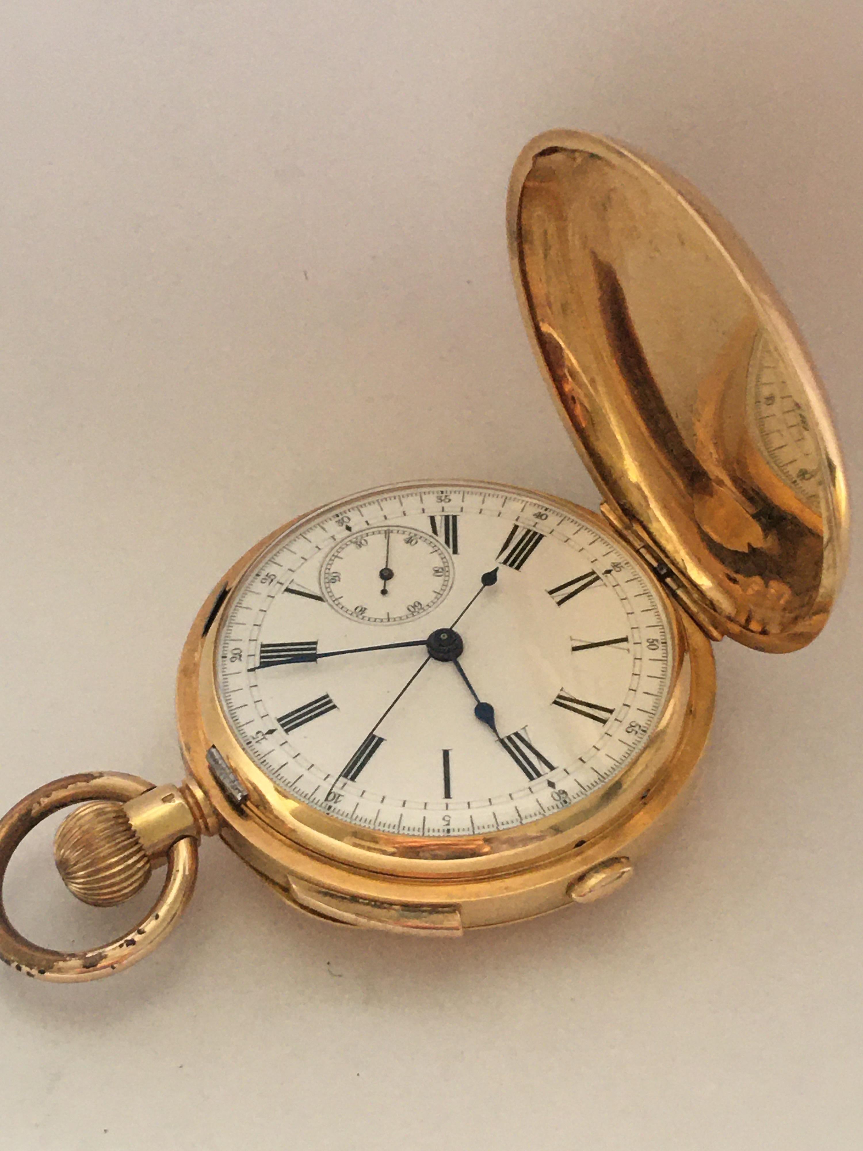 Fine 18 Karat Gold Full Hunter Chronograph and Quarter Repeating Pocket Watch For Sale 4