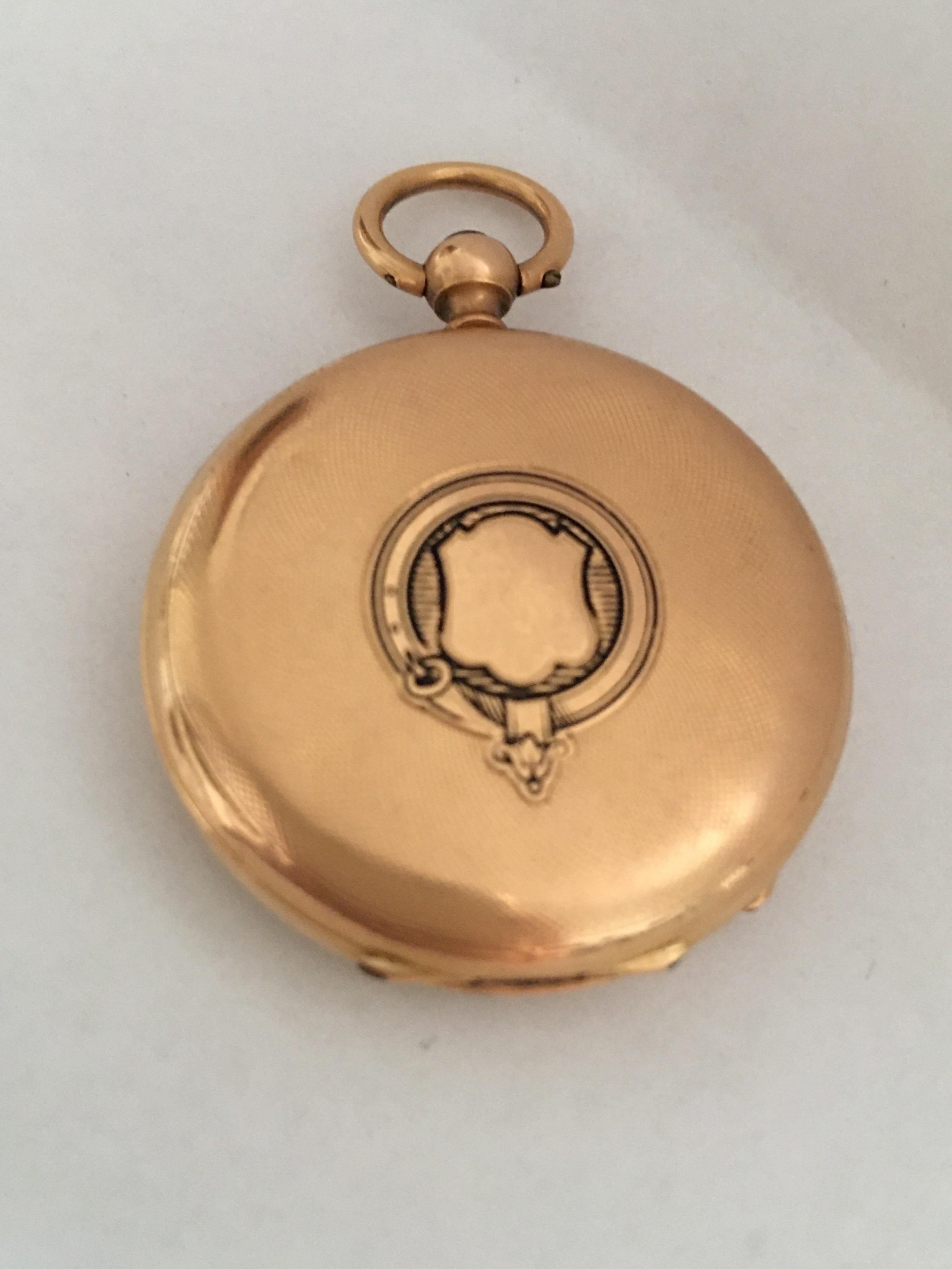 This beautiful antique ladies fob watch is working and it is ticking well. Visible dents on the back case as shown. It comes with a key

Please study the images carefully as form part of the description 