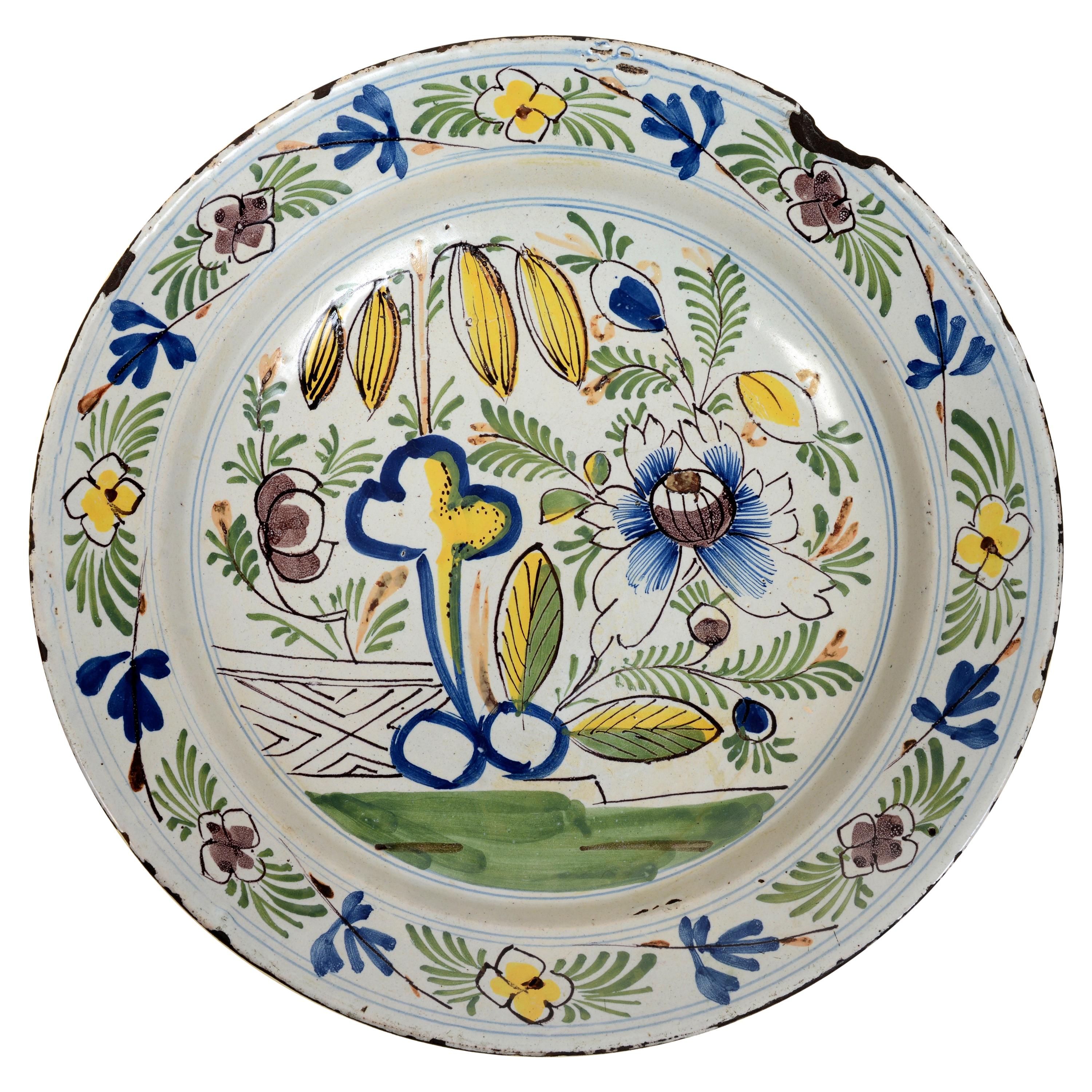 Fine 18th C Dutch Polychrome Painted Delft Charger For Sale