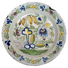 Fine 18th C Dutch Polychrome Painted Delft Charger