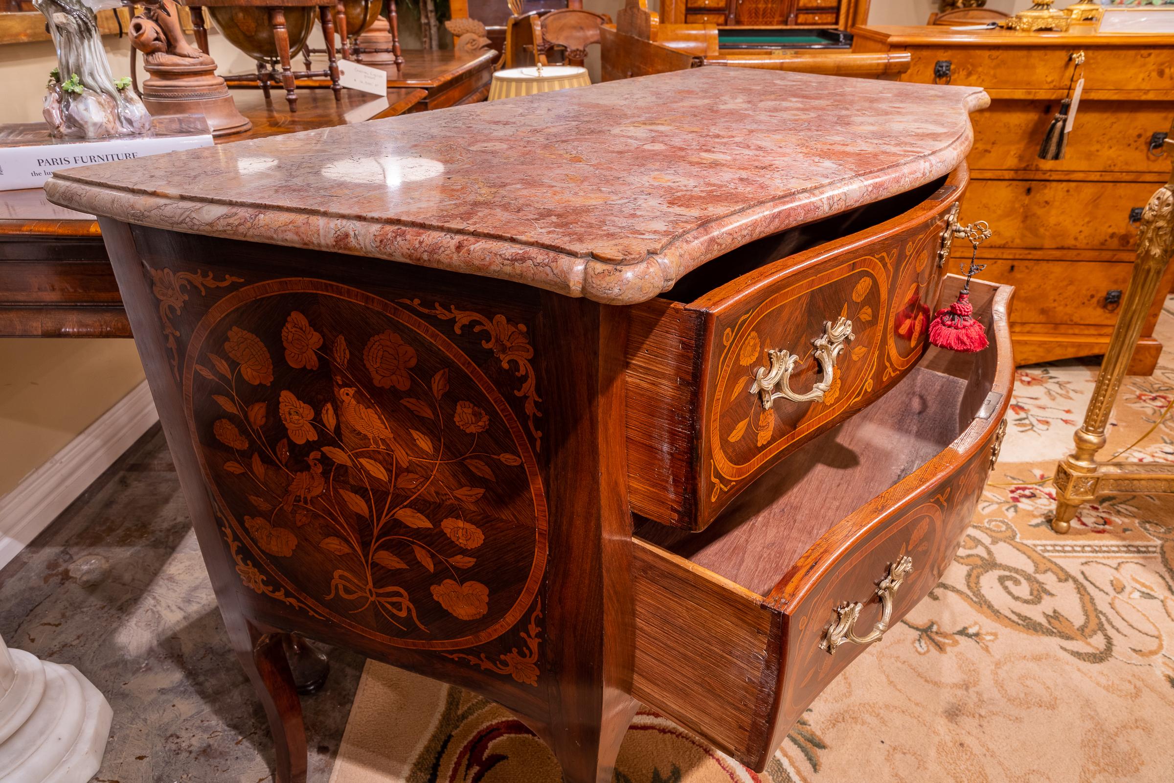 Fine 18th Century Marquetry Marble Top and Gilt Bronze Marble Top Commode In Good Condition For Sale In Dallas, TX