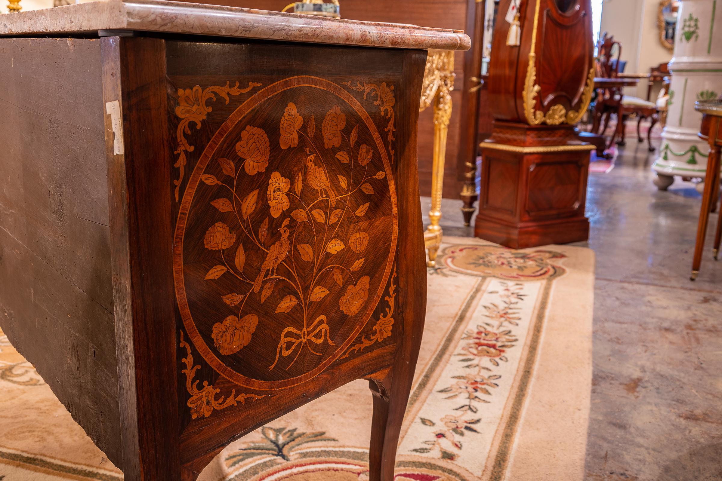 Mahogany Fine 18th Century Marquetry Marble Top and Gilt Bronze Marble Top Commode For Sale