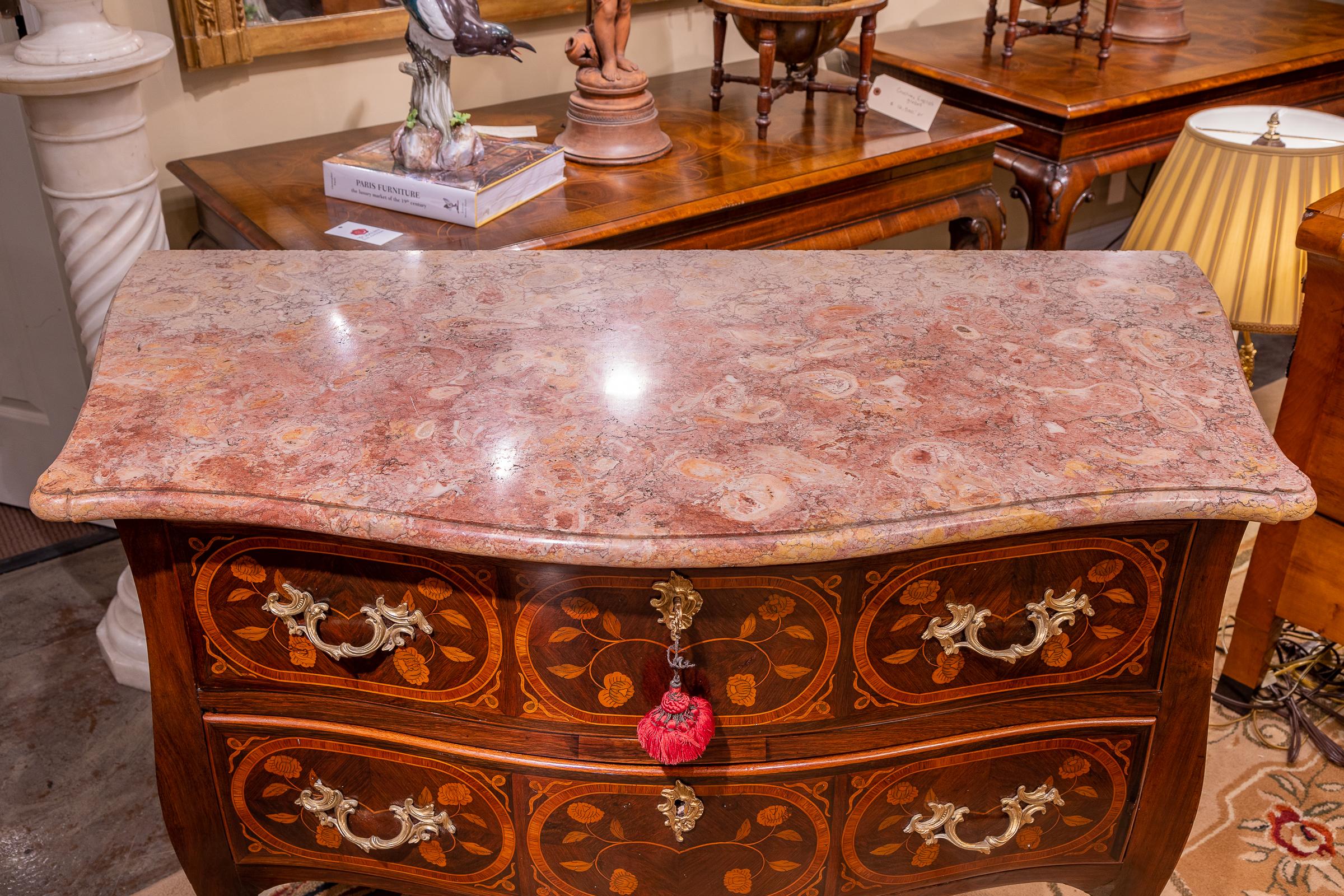 Fine 18th Century Marquetry Marble Top and Gilt Bronze Marble Top Commode For Sale 1