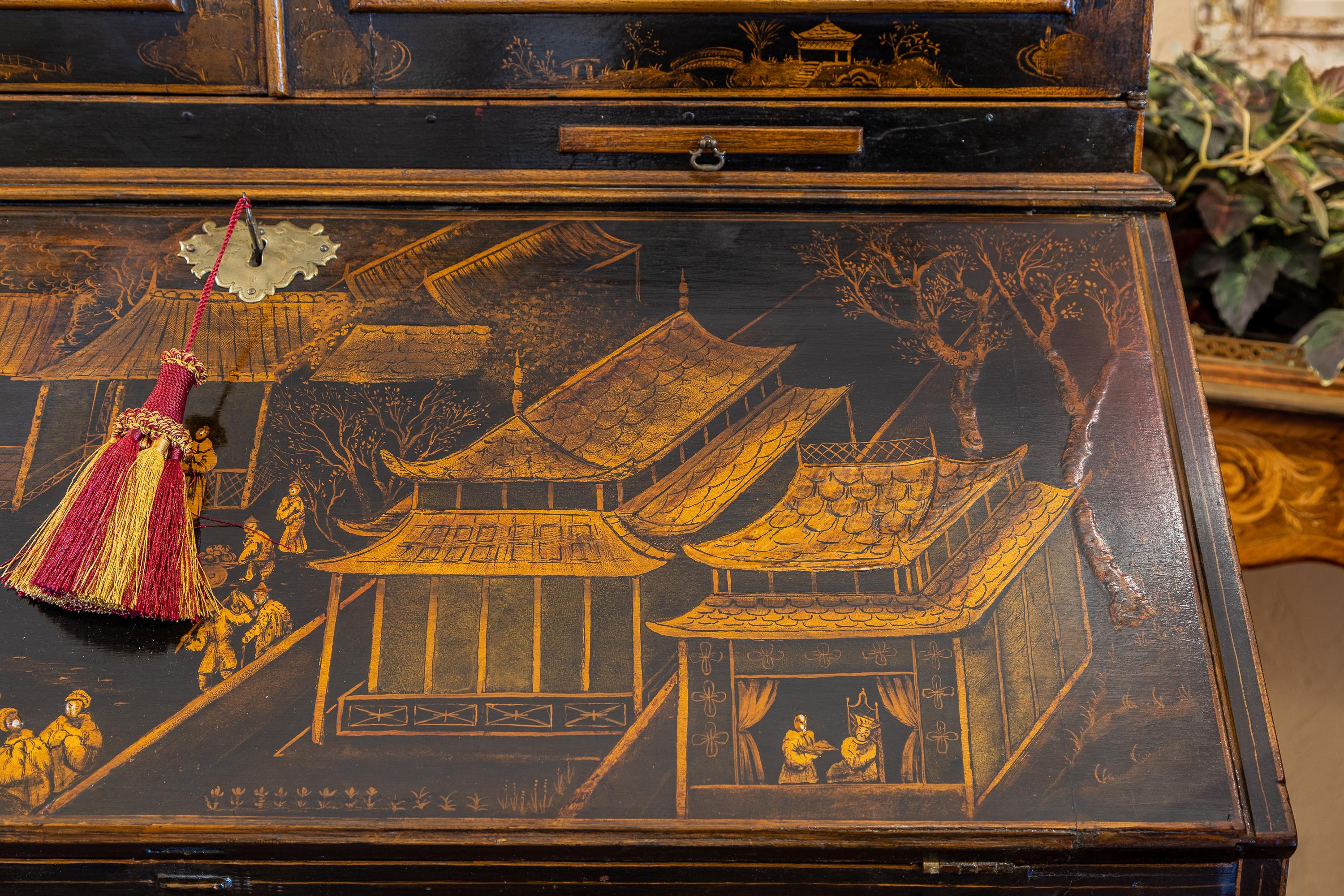 Hand-Painted Fine 18th Century English Chinoiserie Decorated Secretary
