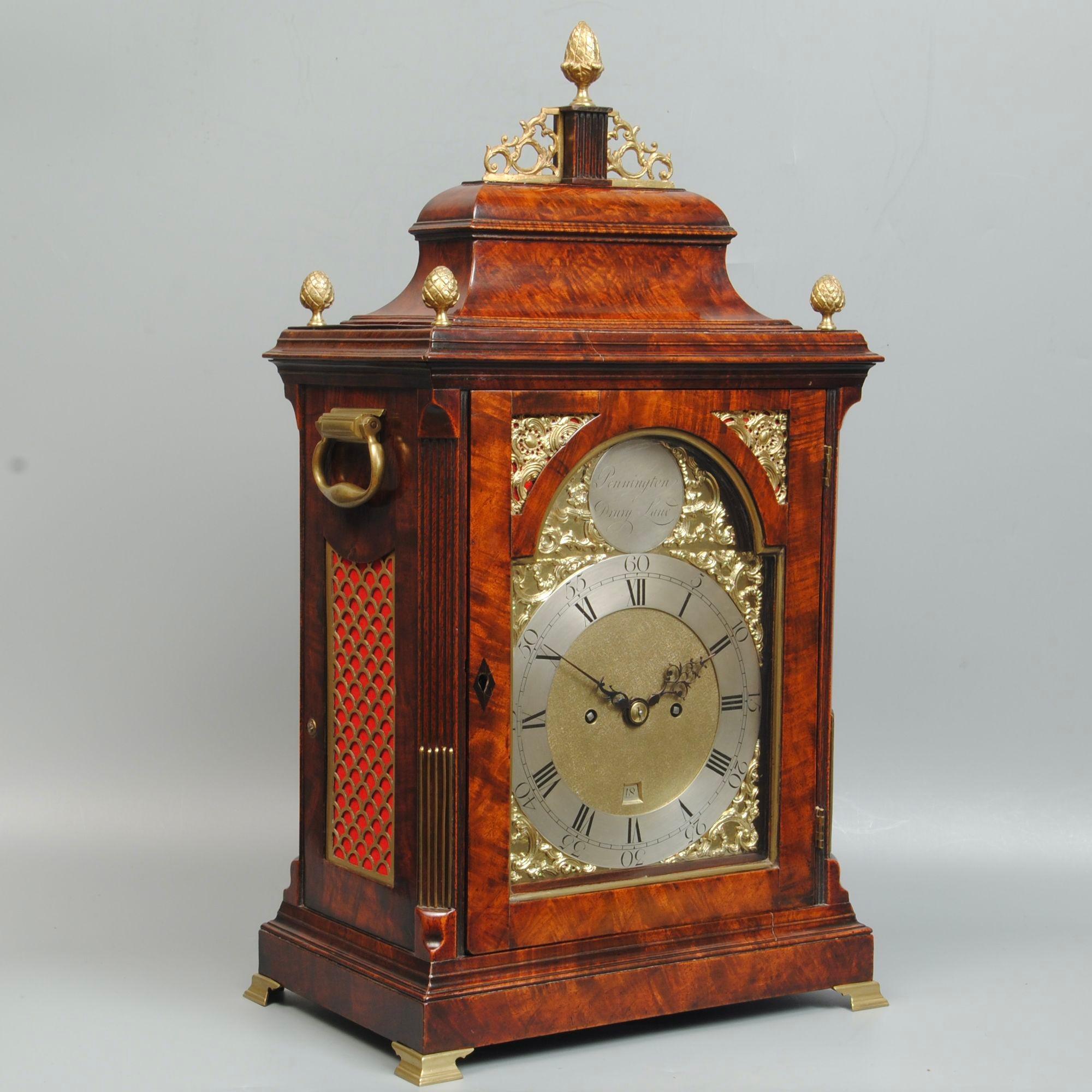 An 18th century mahogany and ormolu mounted bell top bracket clock. The 8-day movement with finely engraved back plate and the full brass dial signed Pennington, Drury Lane
Circa 1785
The Pennington family of clock makers have some interesting
