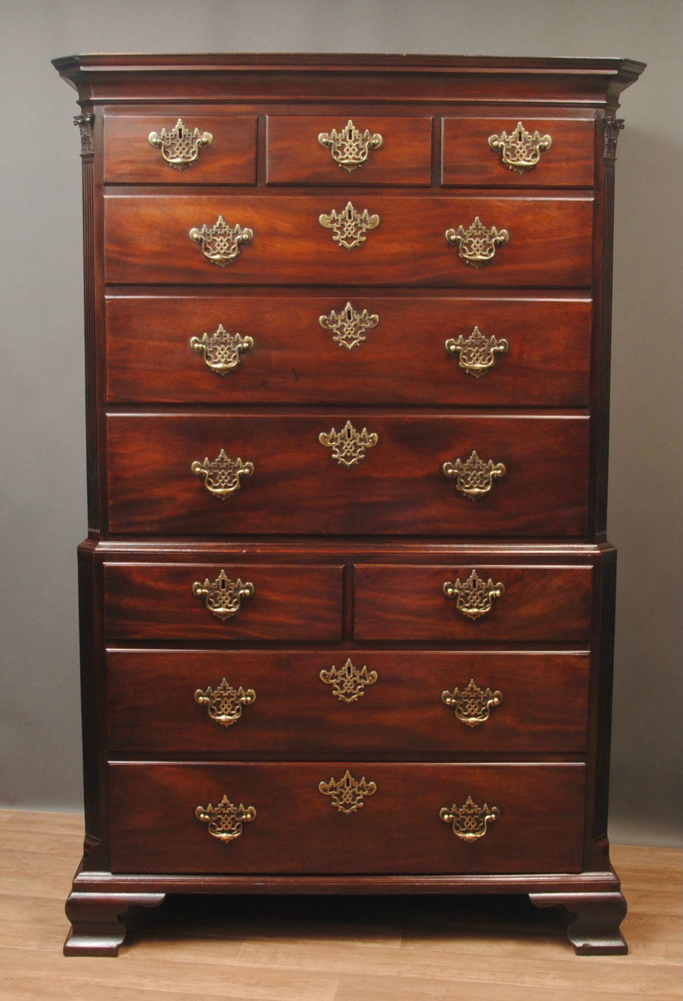 A fine example of a mid 18th century mahogany tallboy with a great set of original brass handles and reeded canted corners finished with carved capitals.

Superb colour and patina. Circa 1760 