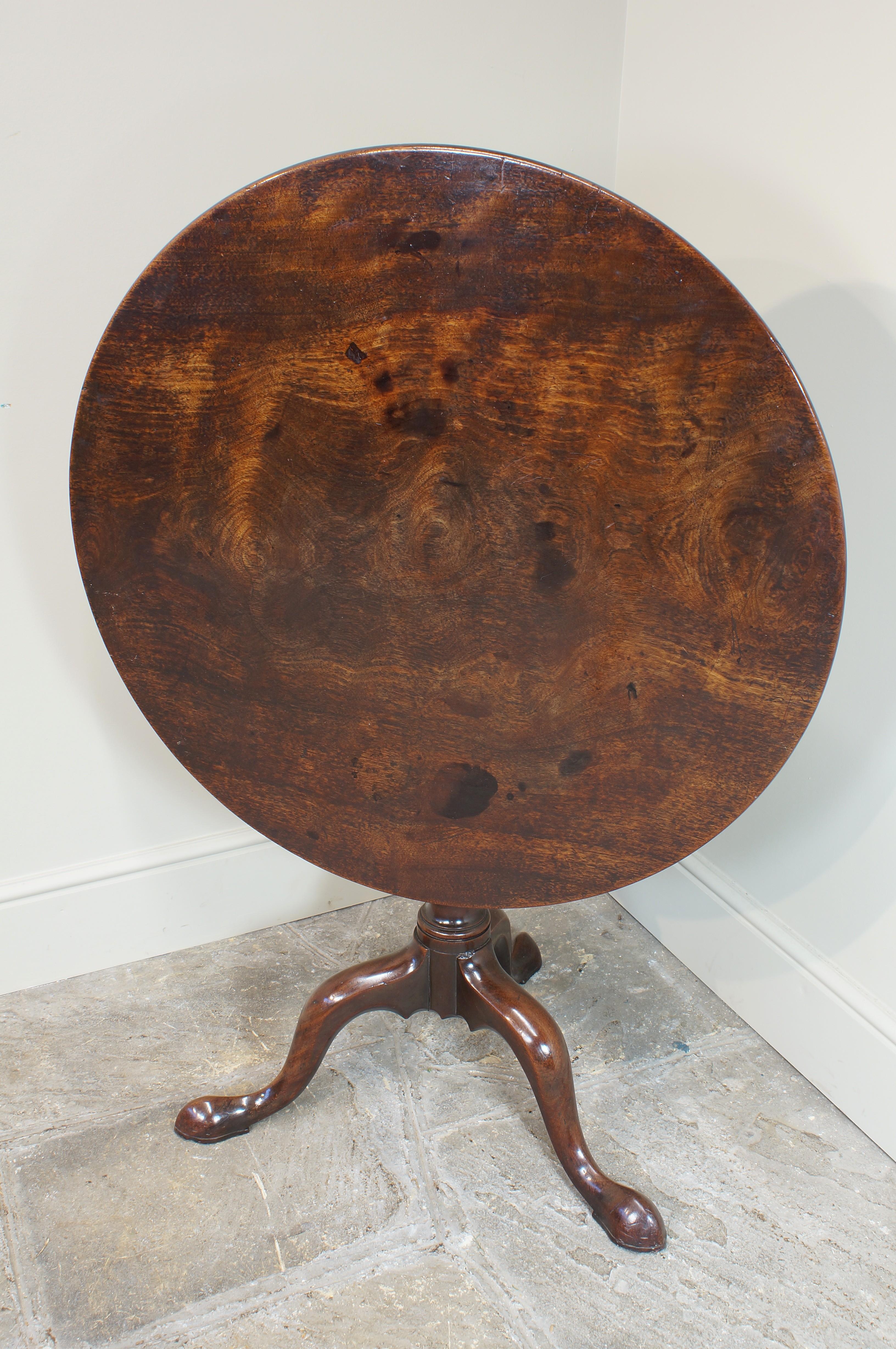 A wonderful 18th Century Mahogany Tripod Table with a one piece top having the most outstanding colour and patina. Standing on a bold wrythen turned stem and well shaped cabriole legs. When tipped the underside of the top is just what we want to see