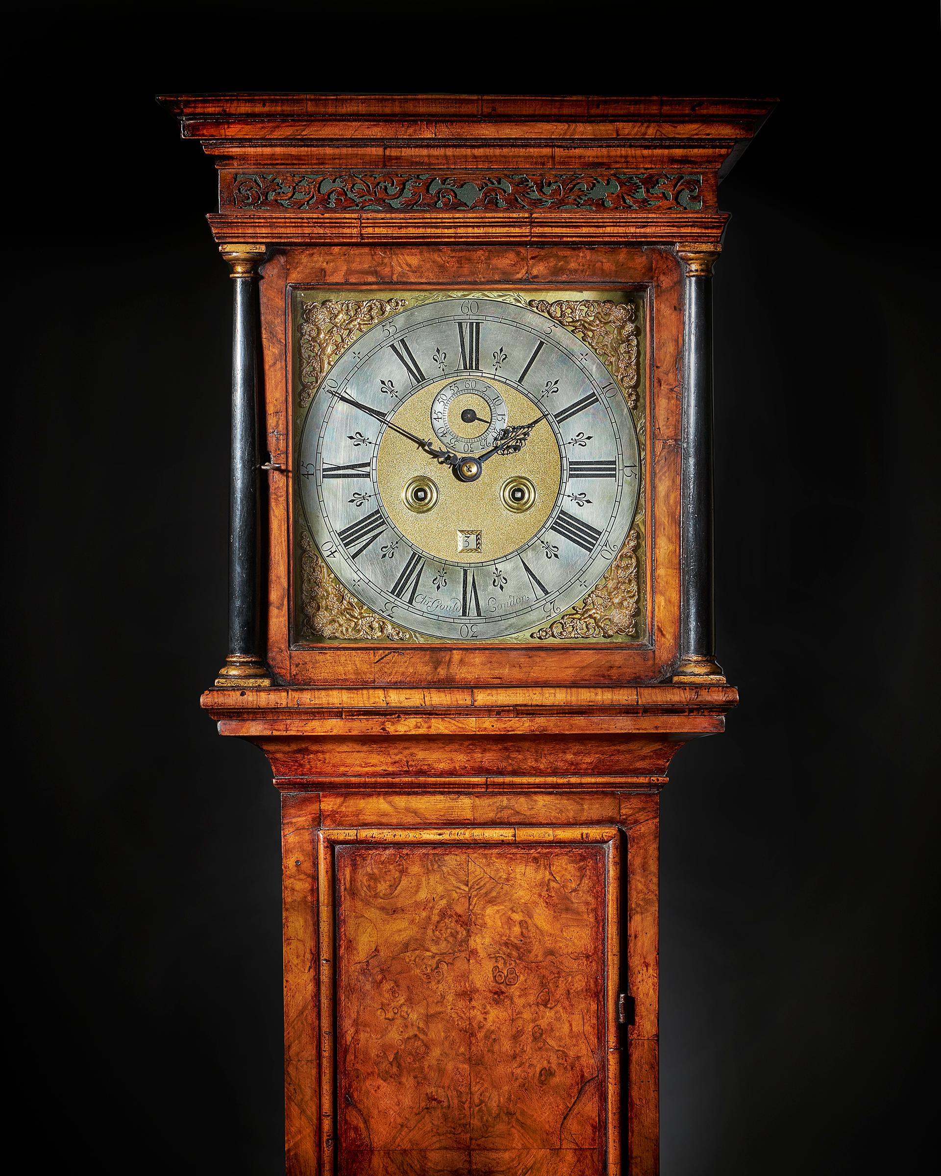 Brass Fine 18th Century Queen Anne Burr Walnut Eight-Day Longcase Clock