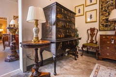 A fine 18th Queen Anne period Black chest on stand with Chinoiserie decoration