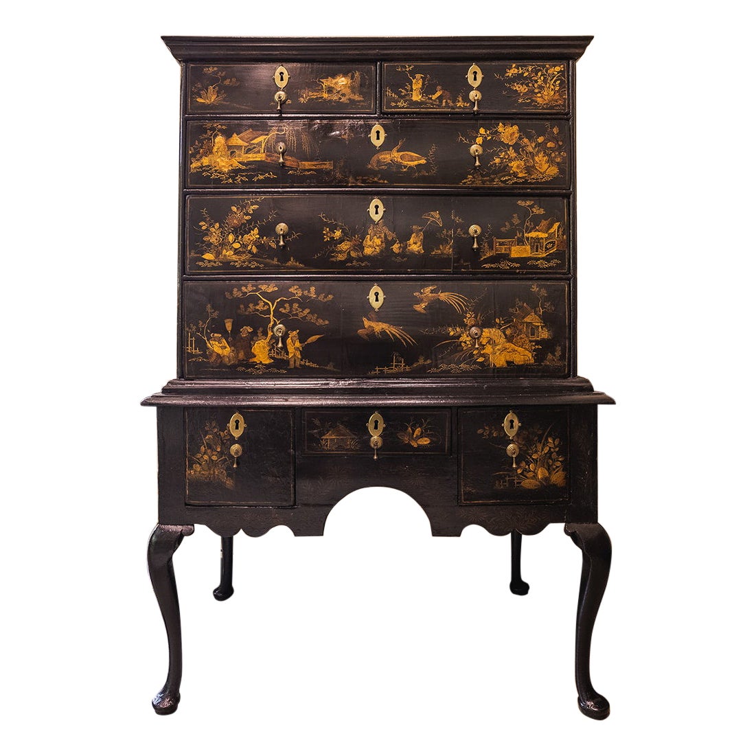 A fine 18th Queen Anne period Black chest on stand with Chinoiserie decoration