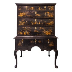 A fine 18th Queen Anne period Black chest on stand with Chinoiserie decoration