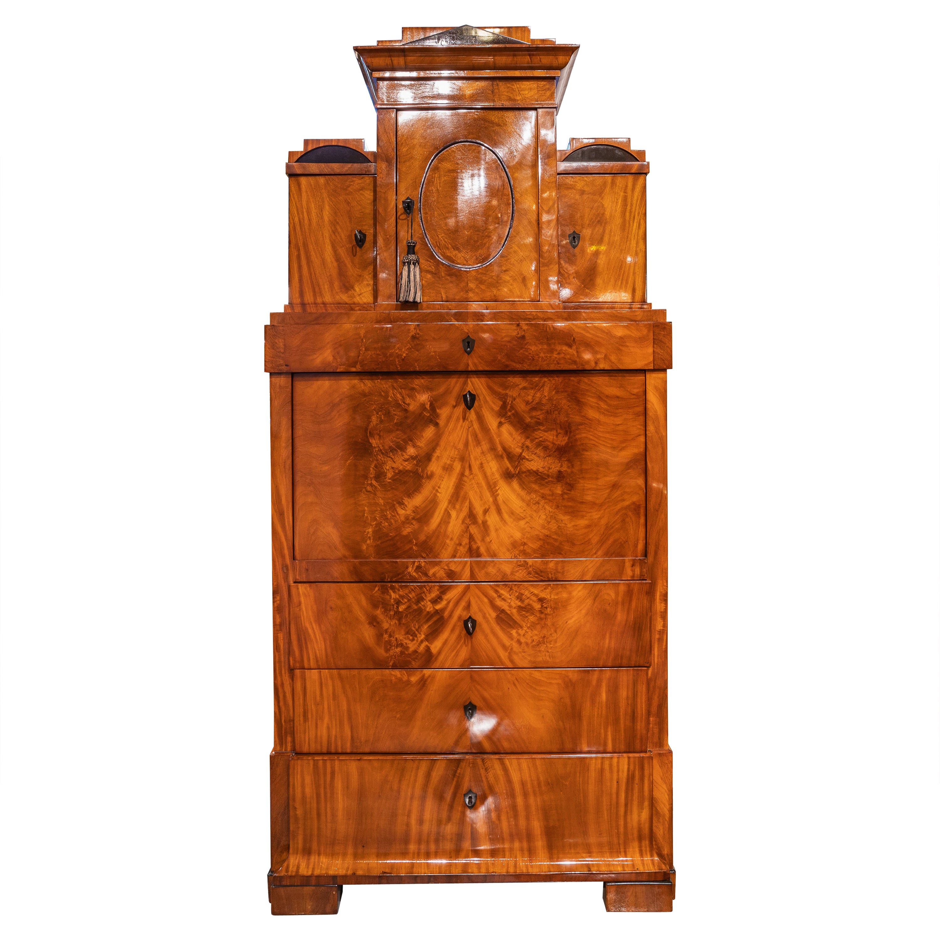 A fine 19th c Biedermeier birch secretary. Ebonized details and gilt bronze