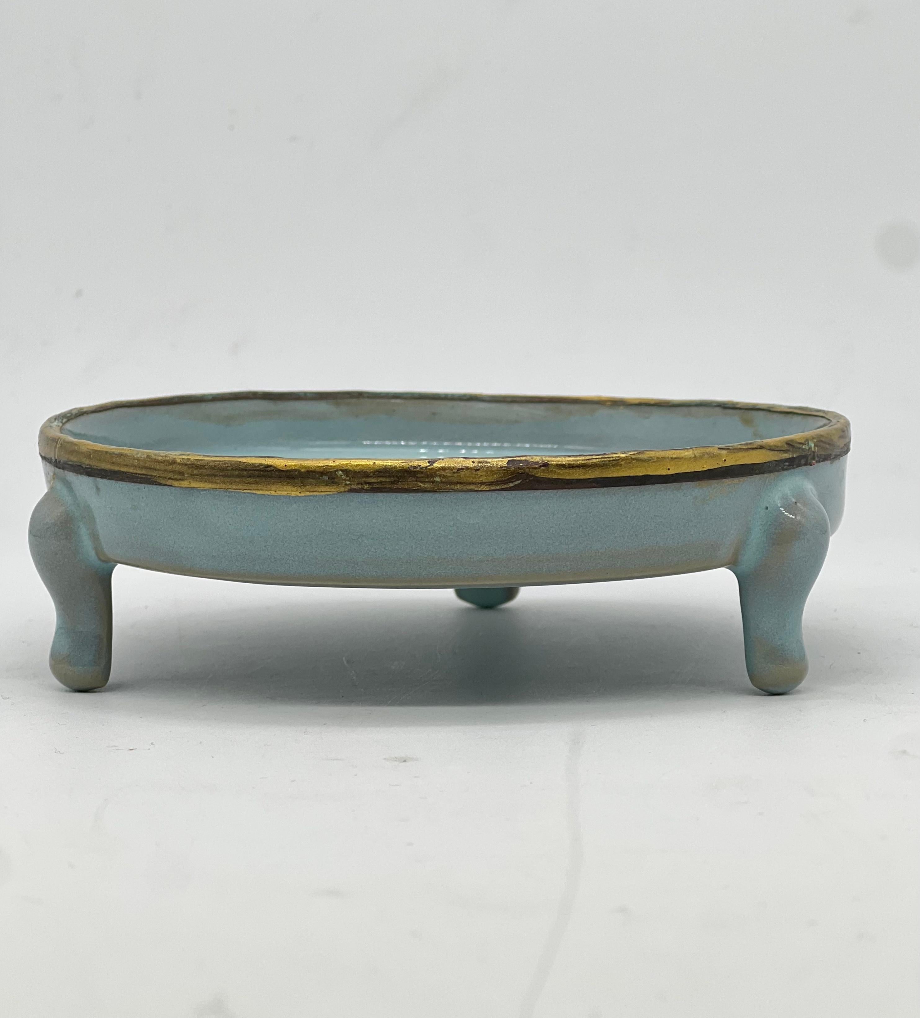 Ceramic A FINE 19th C CHINESE THREE LEGGED RU WARE PORCELAIN WASHER/STAND.Qing Dynasty. For Sale
