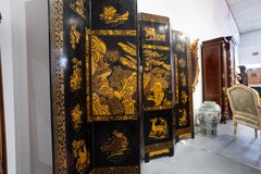 Fine 19th C English Black Lacquered and Raised 6 Panel Screen Greek Key