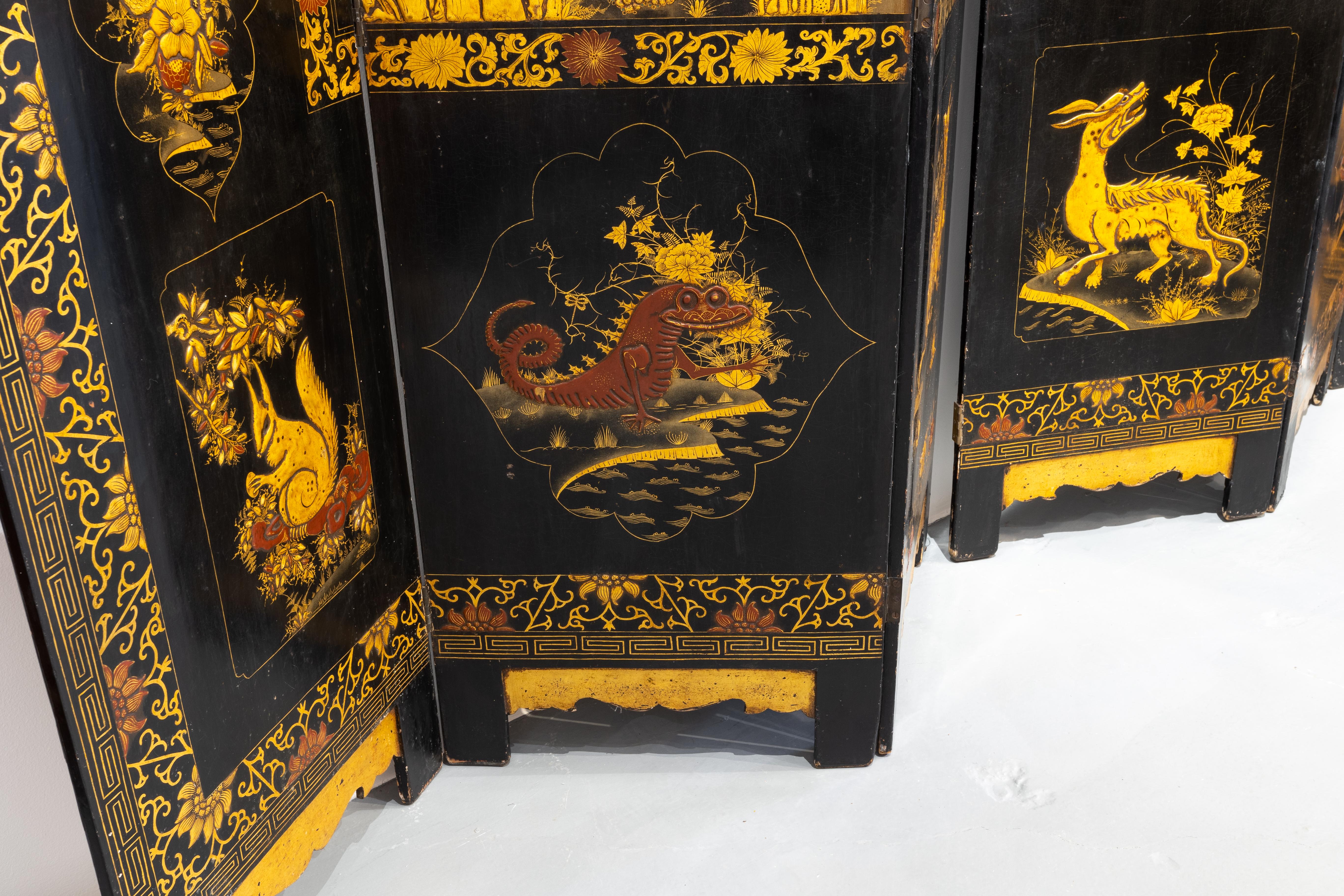 Chinoiserie Fine 19th C English Black Lacquered and Raised 6 Panel Screen Greek Key For Sale