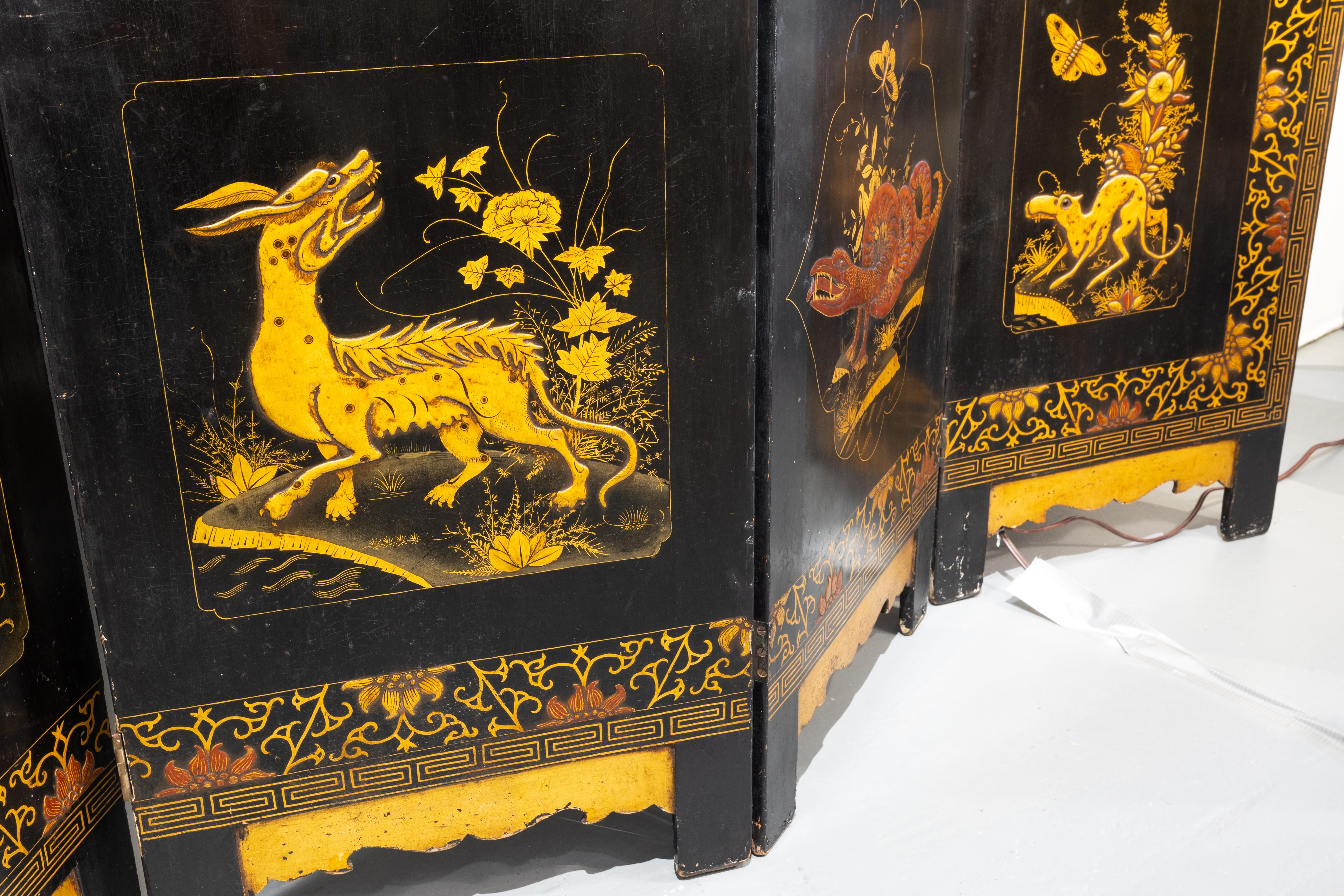 Hand-Painted Fine 19th C English Black Lacquered and Raised 6 Panel Screen Greek Key For Sale