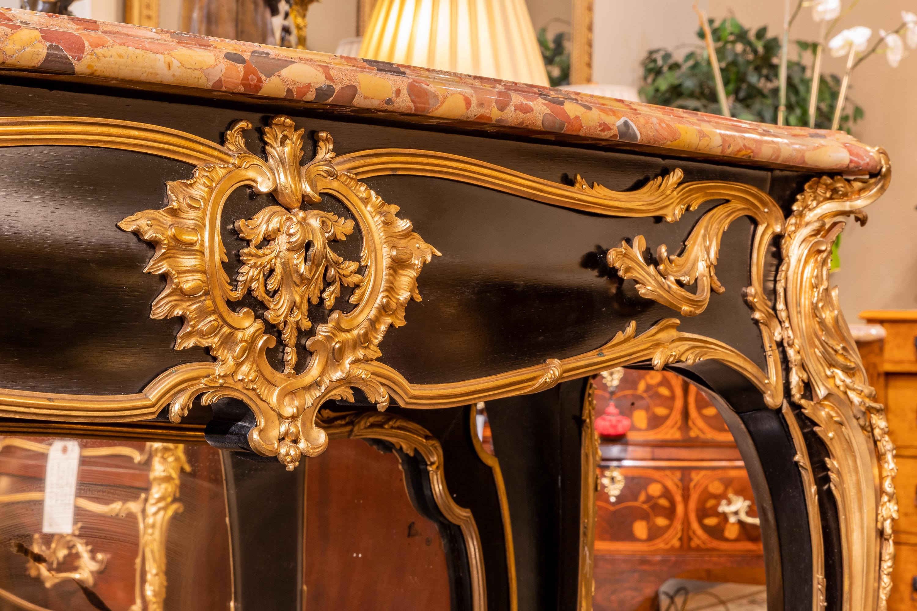 Louis XV Fine 19th Century French Ebonized and Gilt Bronze Console Signed Zweiner For Sale