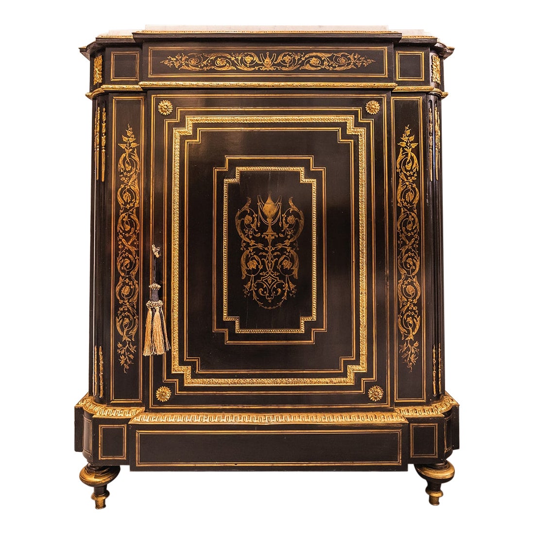 A fine 19th c French ebonized marble top cabinet, gilt bronze mounts by Diehl