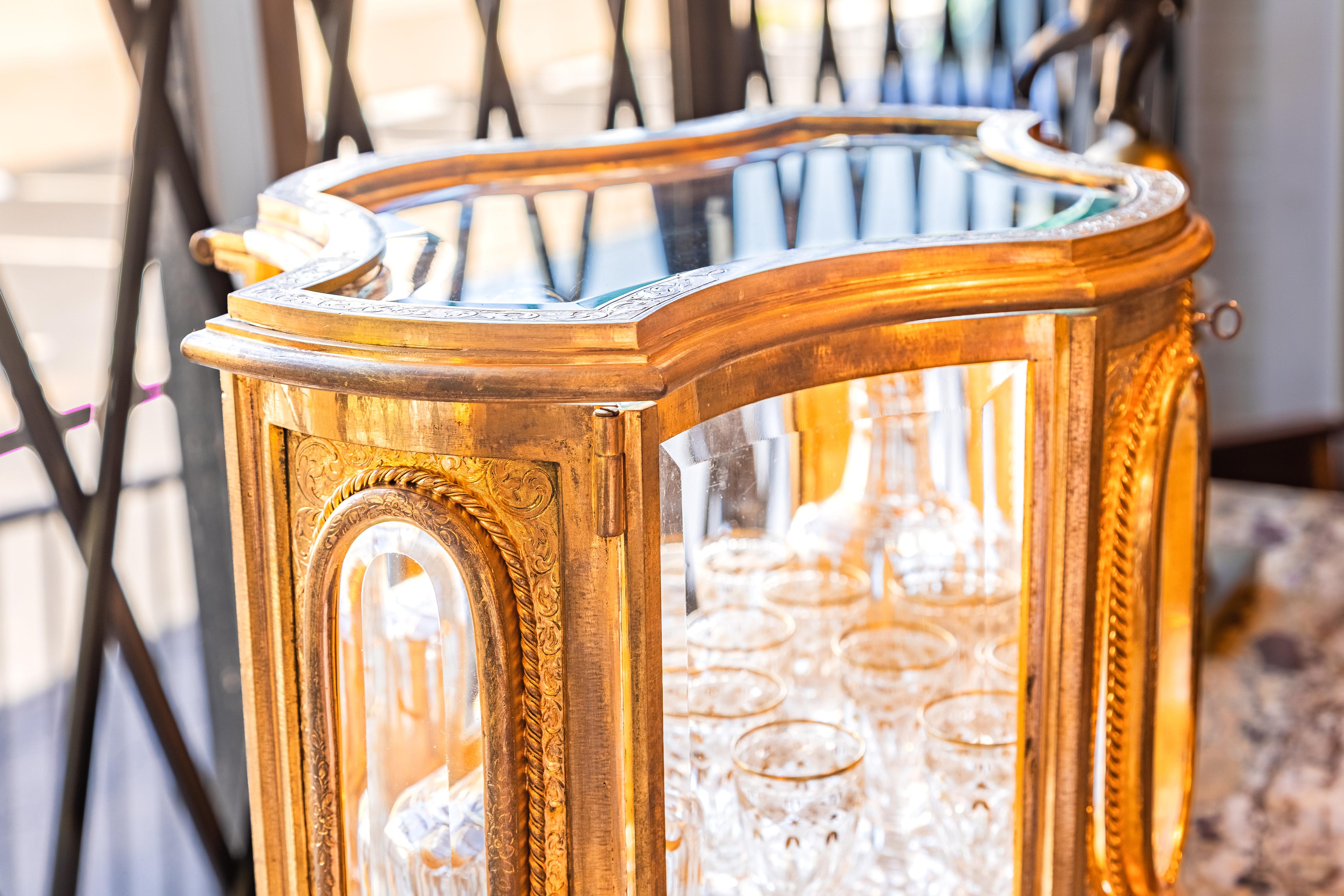 19th Century A  fine 19th c French Liquor set . Gilt bronze and glass with crystal decanters For Sale