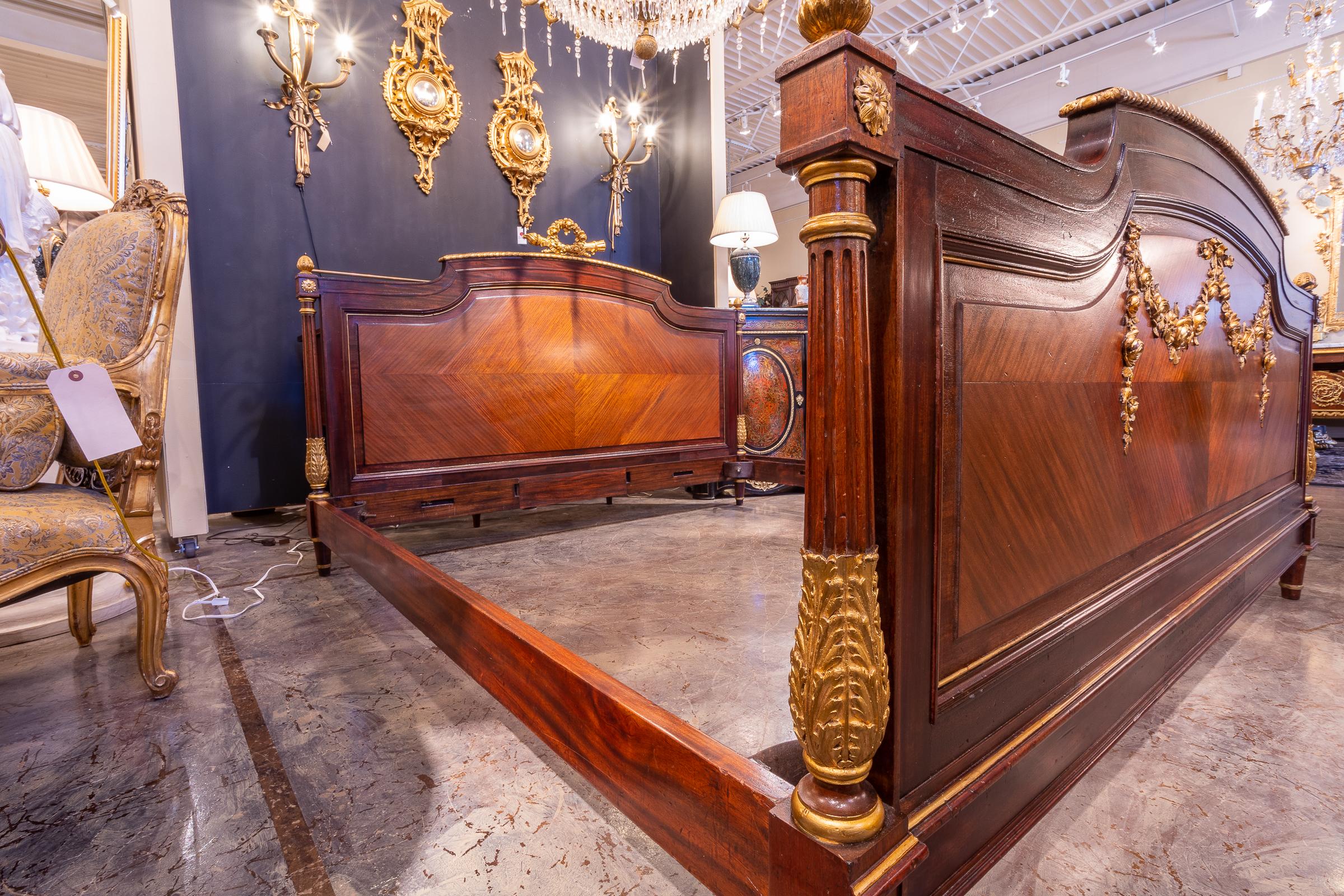 19th Century A fine 19th c French Louis XVI kingwood and rosewood parcel gilt carved King bed