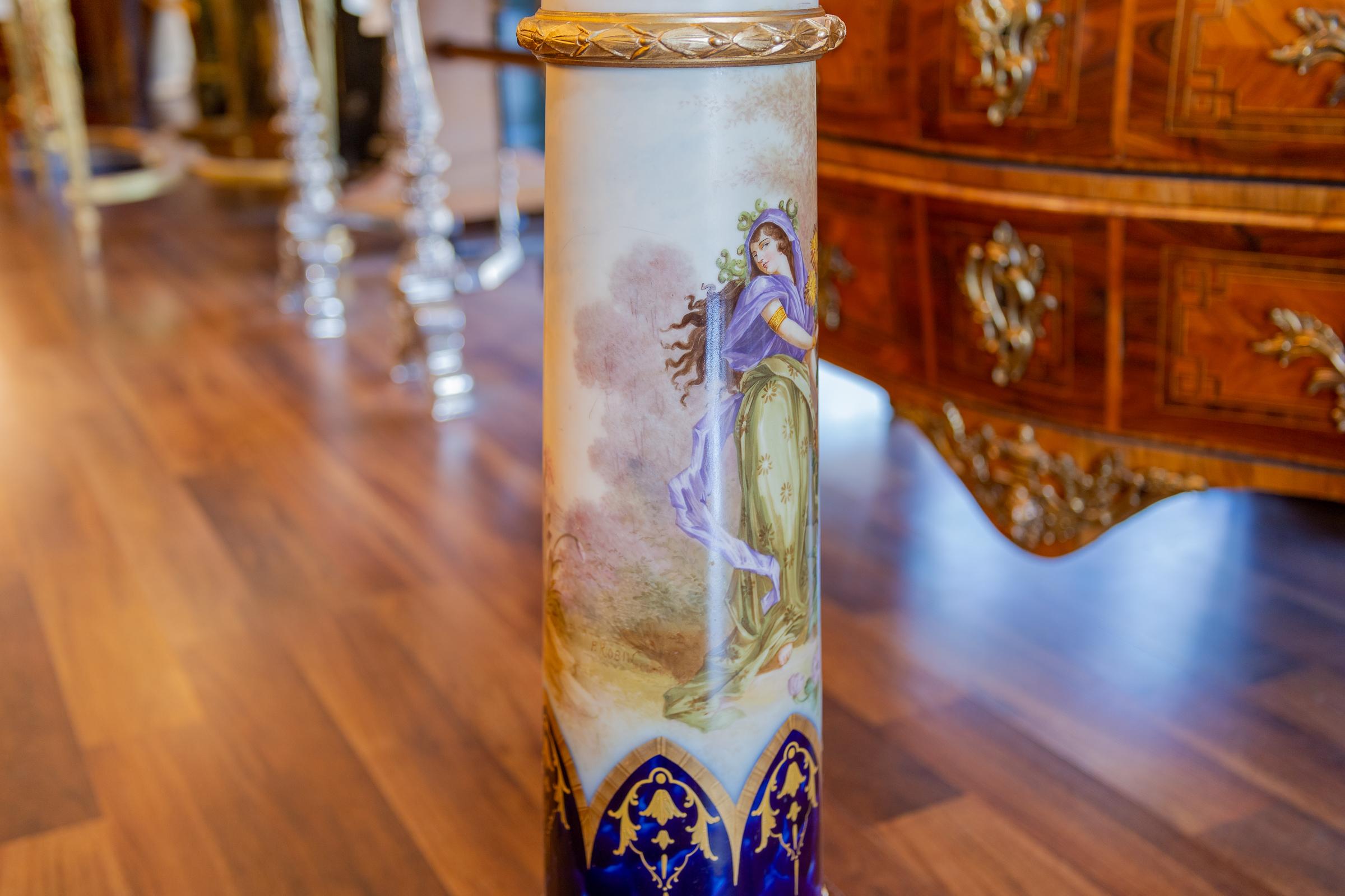 Hand-Painted Fine 19th C French Sevre's Hand Painted Porcelain Pedestal Gilt Bronze Mounts For Sale