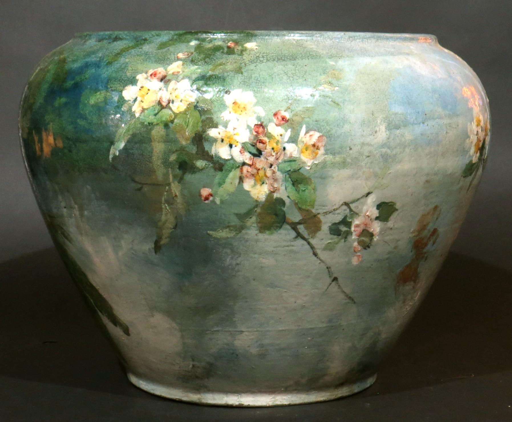 French A Fine 19th C. Hand Painted Ceramic Art Nouveau Jardiniere, France Circa 1900
