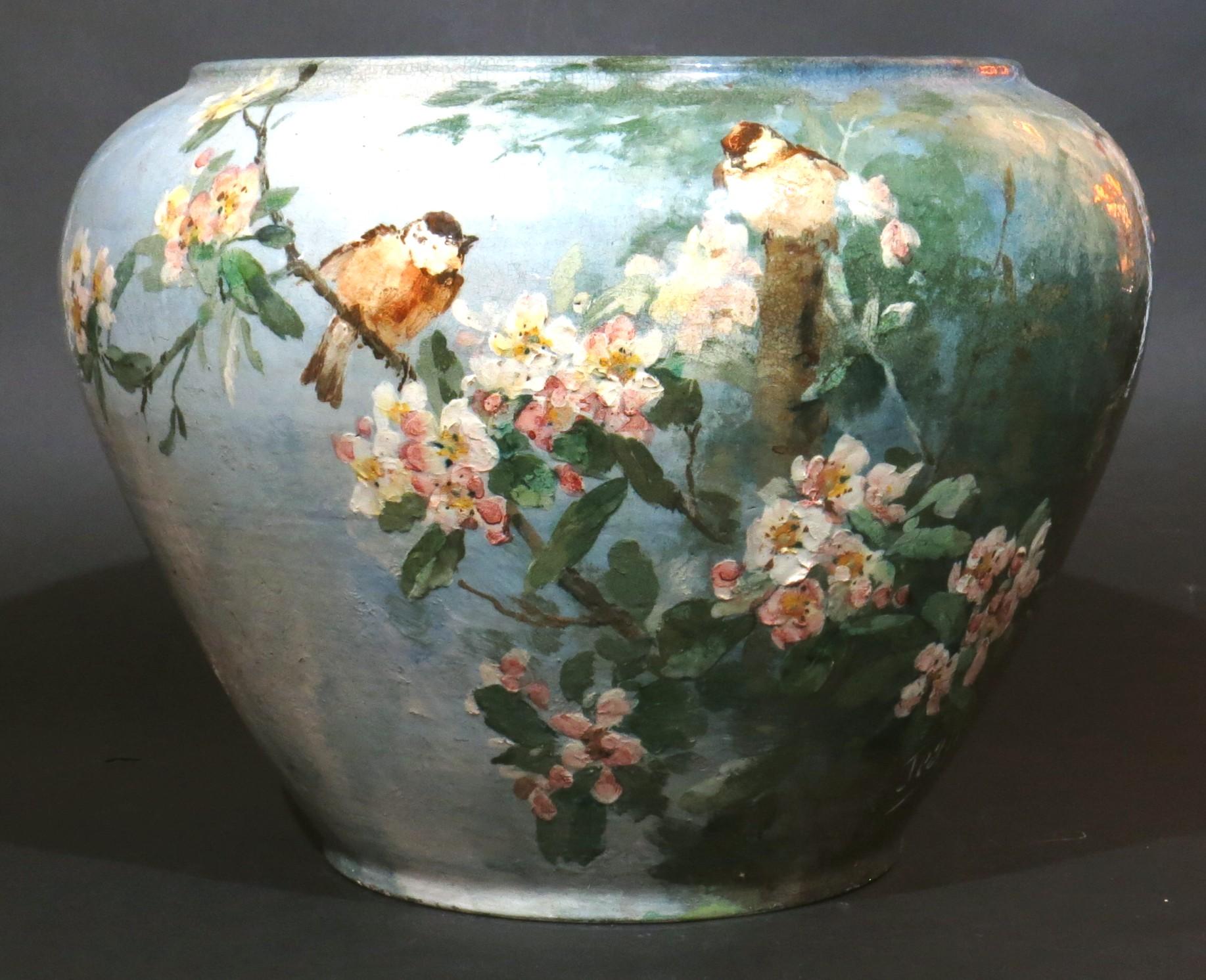 Hand-Crafted A Fine 19th C. Hand Painted Ceramic Art Nouveau Jardiniere, France Circa 1900