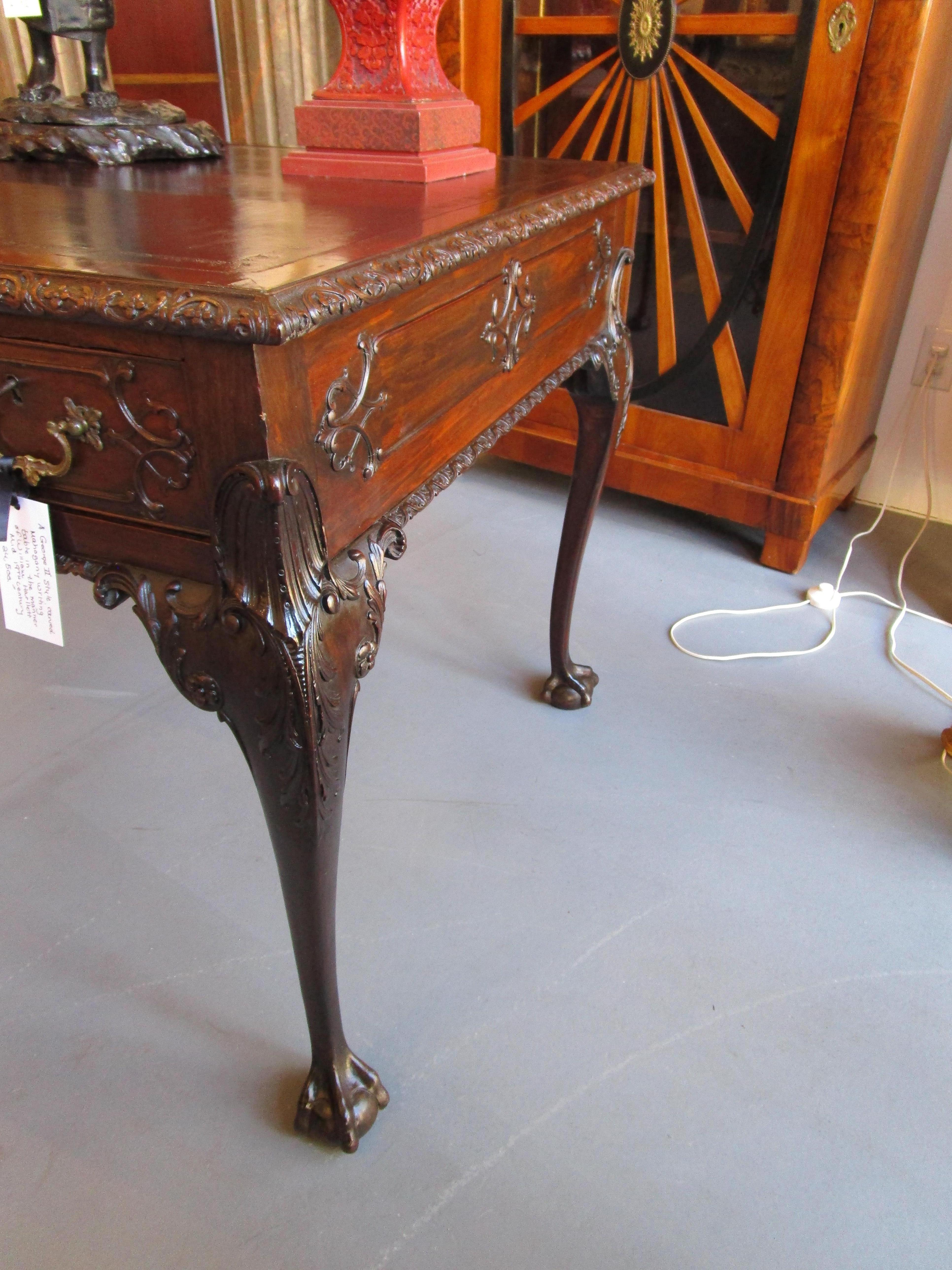 Hand-Carved Fine 19th C Mahogany George 11 Writing Desk in the Manner of William Harllett For Sale