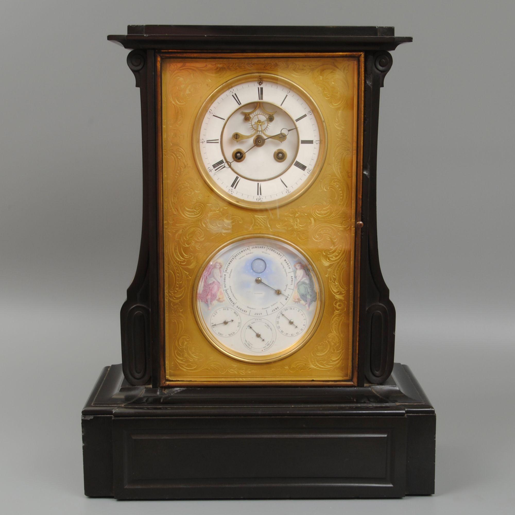 Enamel Fine 19th Century Belgium Slate Perpetual Calendar Clock For Sale