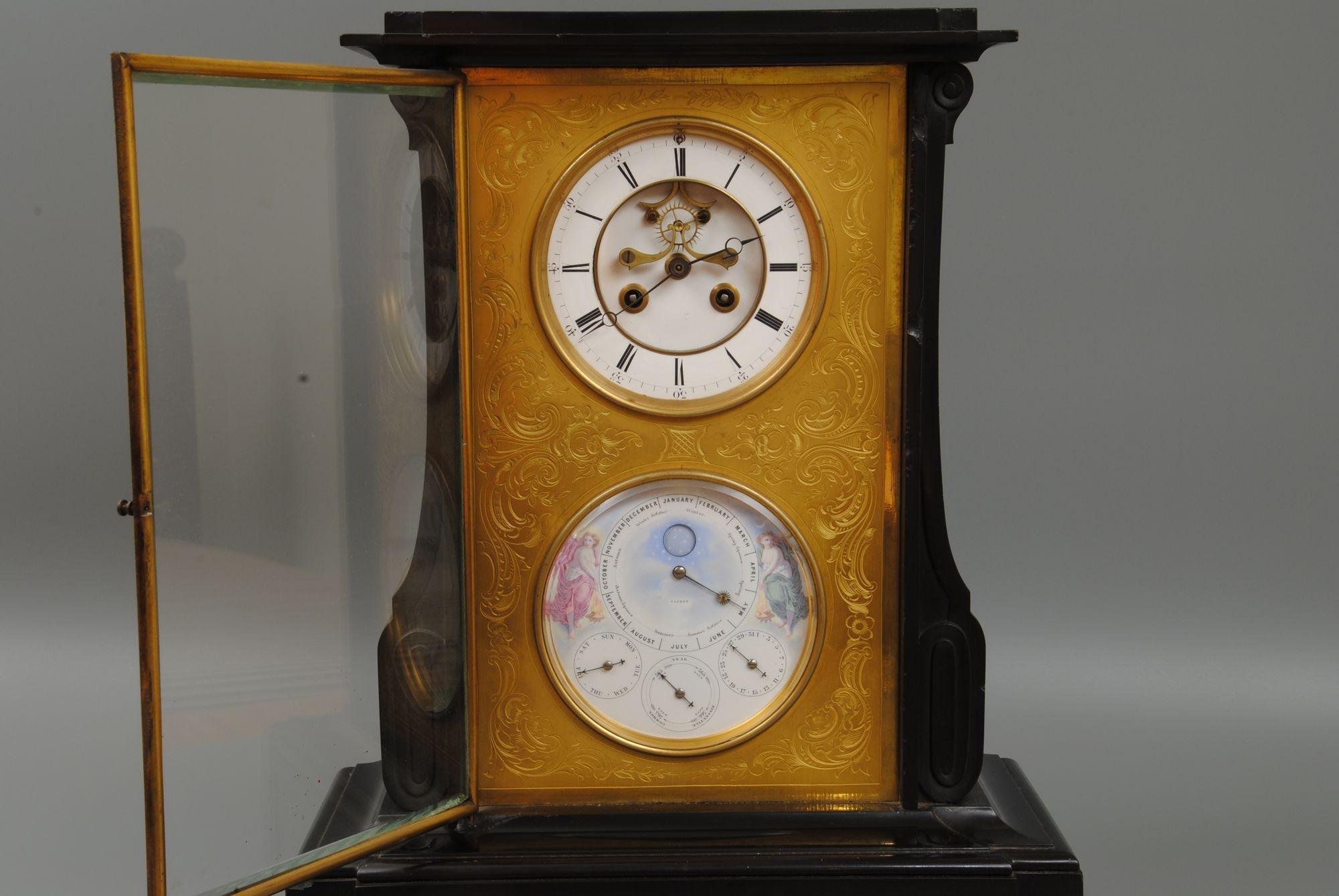 Émail Belle horloge à calendrier perpétuel en ardoise belge du 19ème siècle en vente