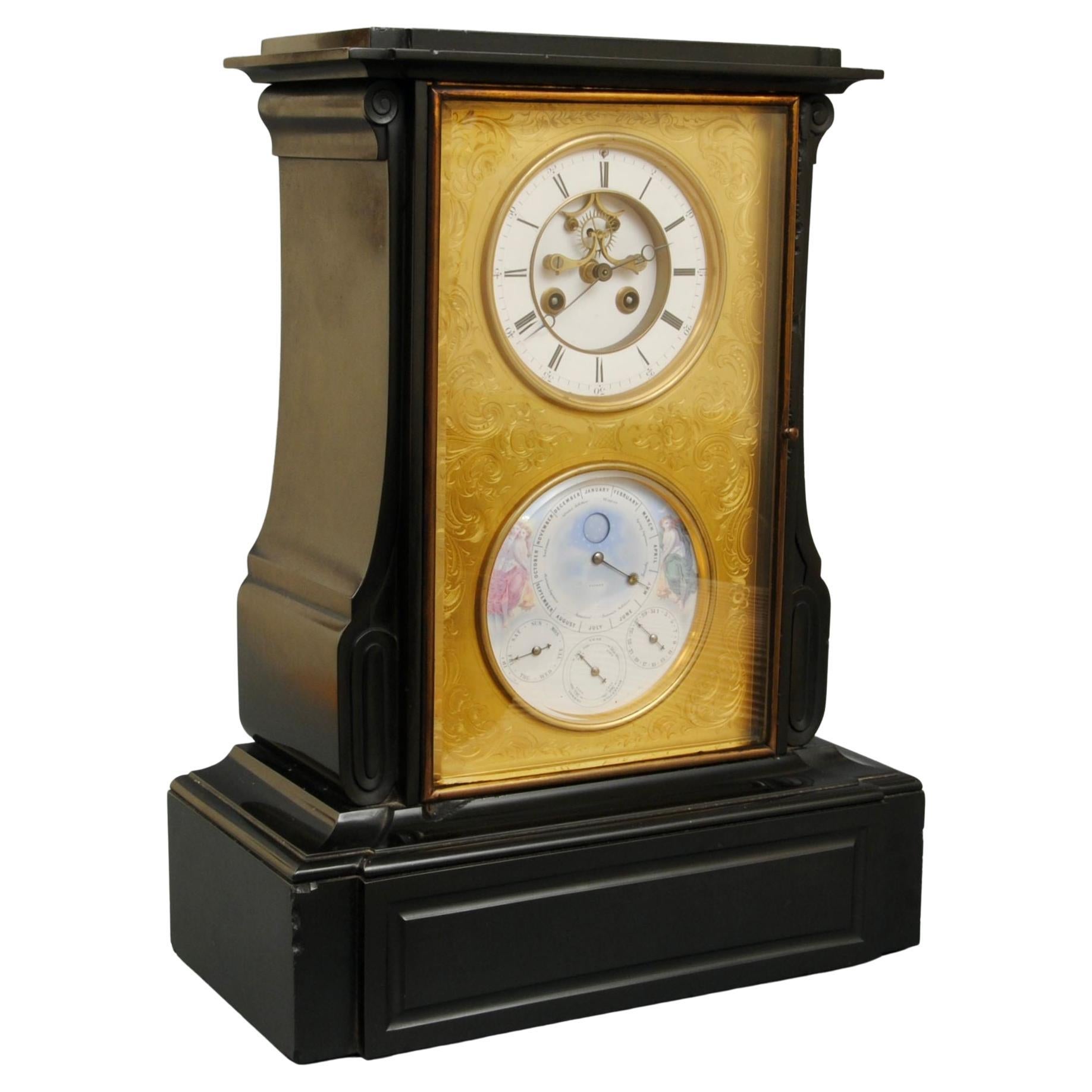 Belle horloge à calendrier perpétuel en ardoise belge du 19ème siècle