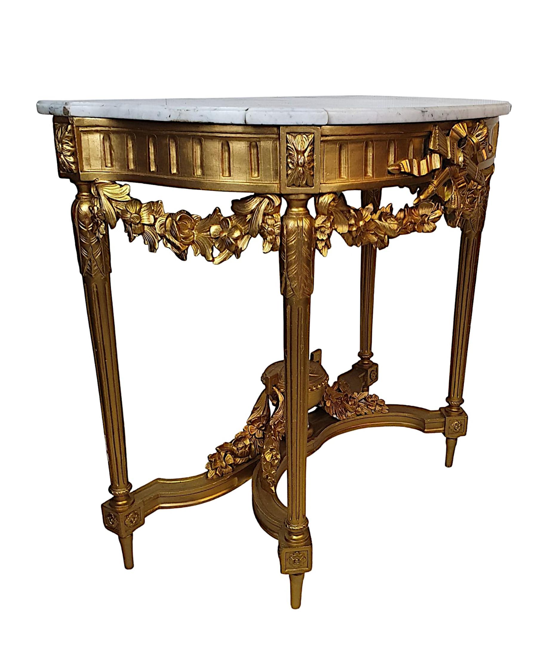 A fine 19th century French giltwood console table. The shaped and moulded Carrara White marble top of demilune form raised over or-nately carved fluted frieze embellished with Neoclassical motifs of ribbon, flaming torch and a quiver of arrows,