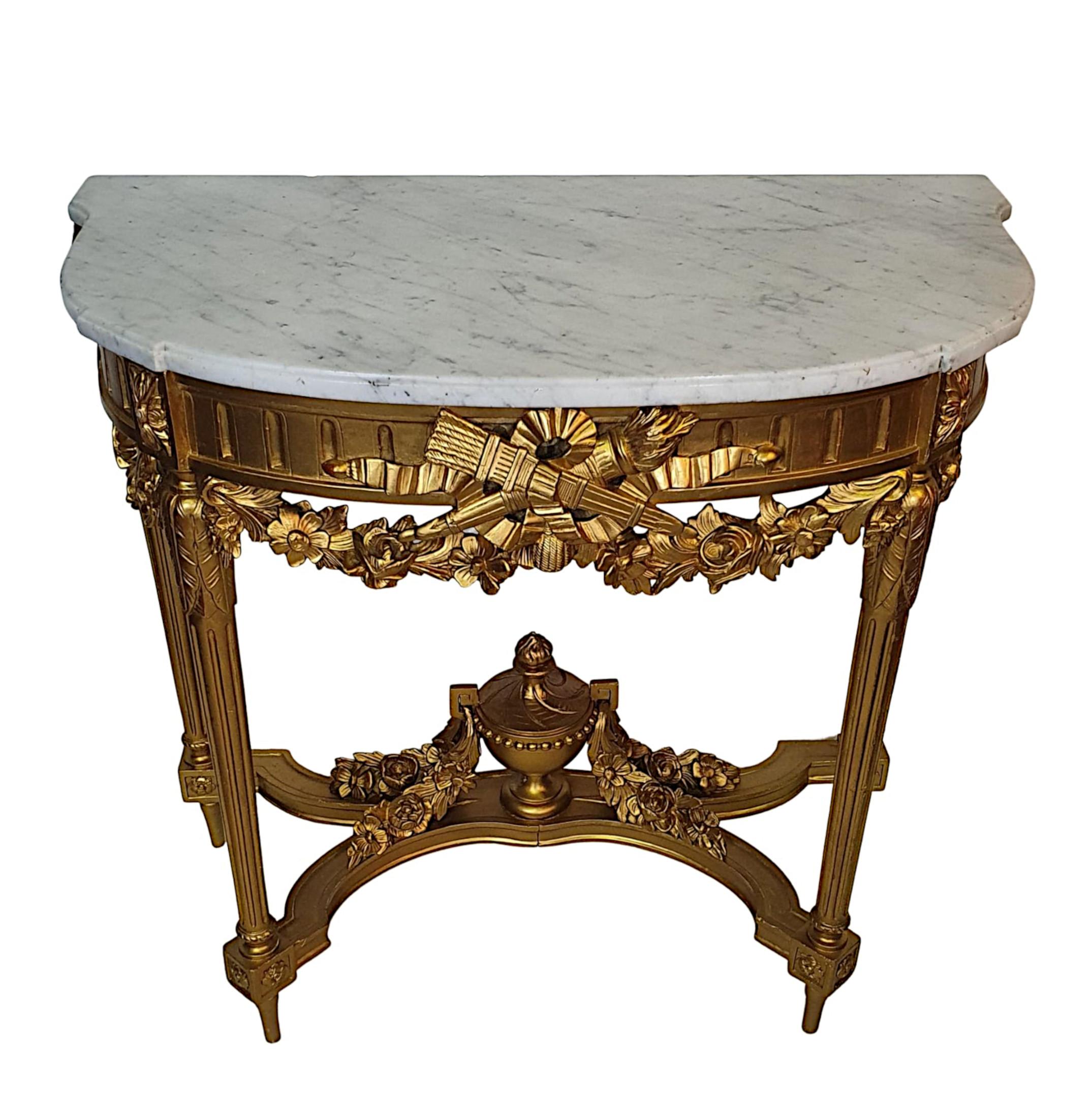 Table console en bois doré avec plateau en marbre blanc de Carrare du 19ème siècle Bon état - En vente à Dublin, IE