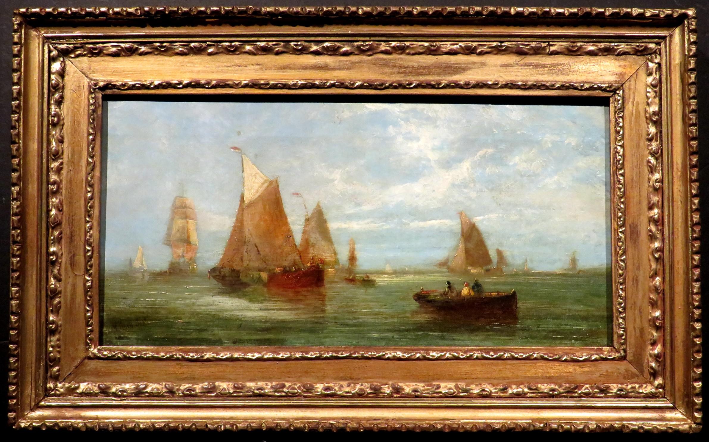 Un paesaggio marino del XIX secolo finemente eseguito che raffigura velieri olandesi e figure in barche a remi su un mare calmo. Olio su tela, firmato in basso a sinistra, fissato su quello che sembra essere il suo telaio originale con chiave,