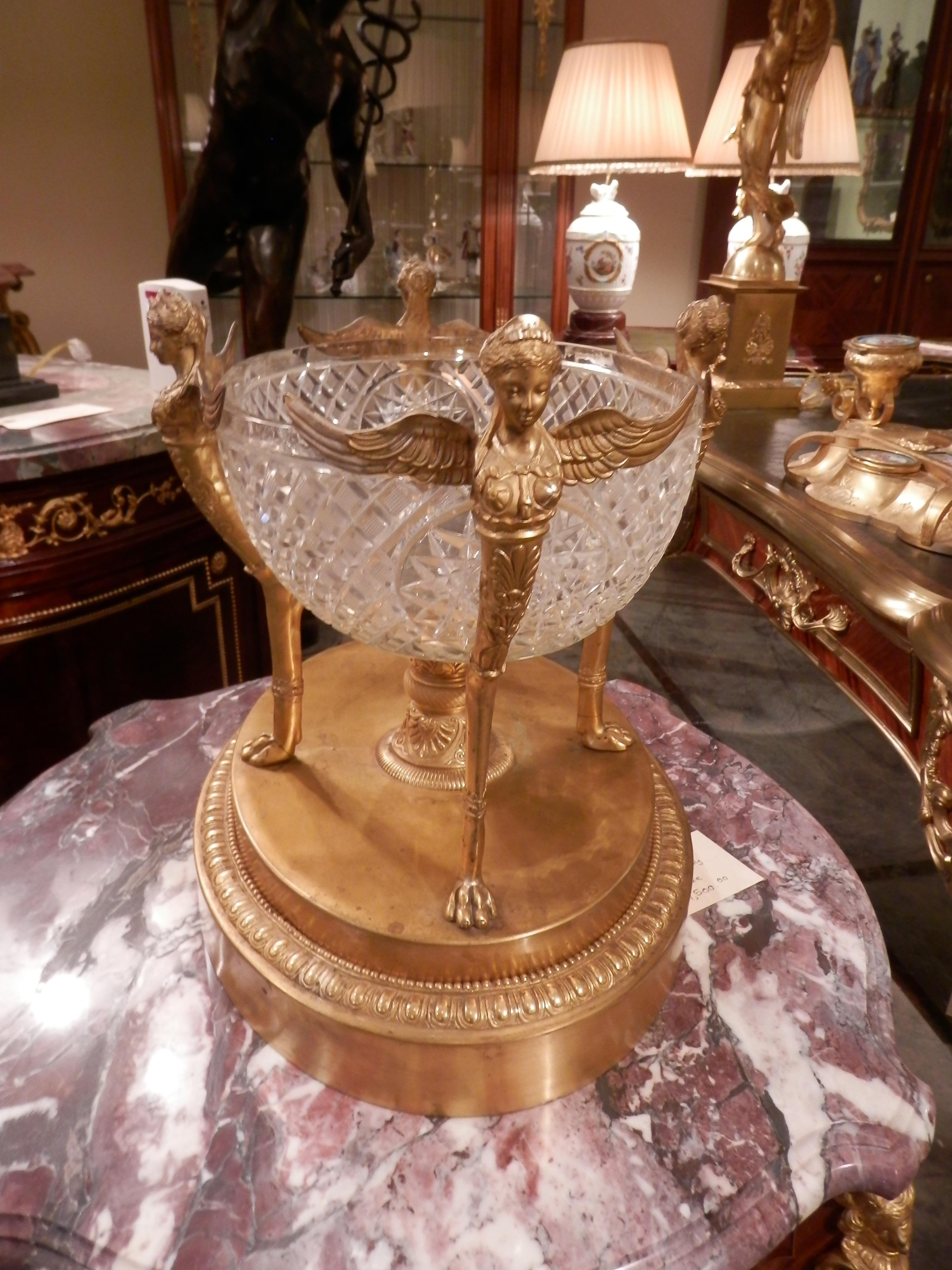 French Fine 19th Century Empire Cut Crystal and Gilt Bronze Fine Centerpiece 