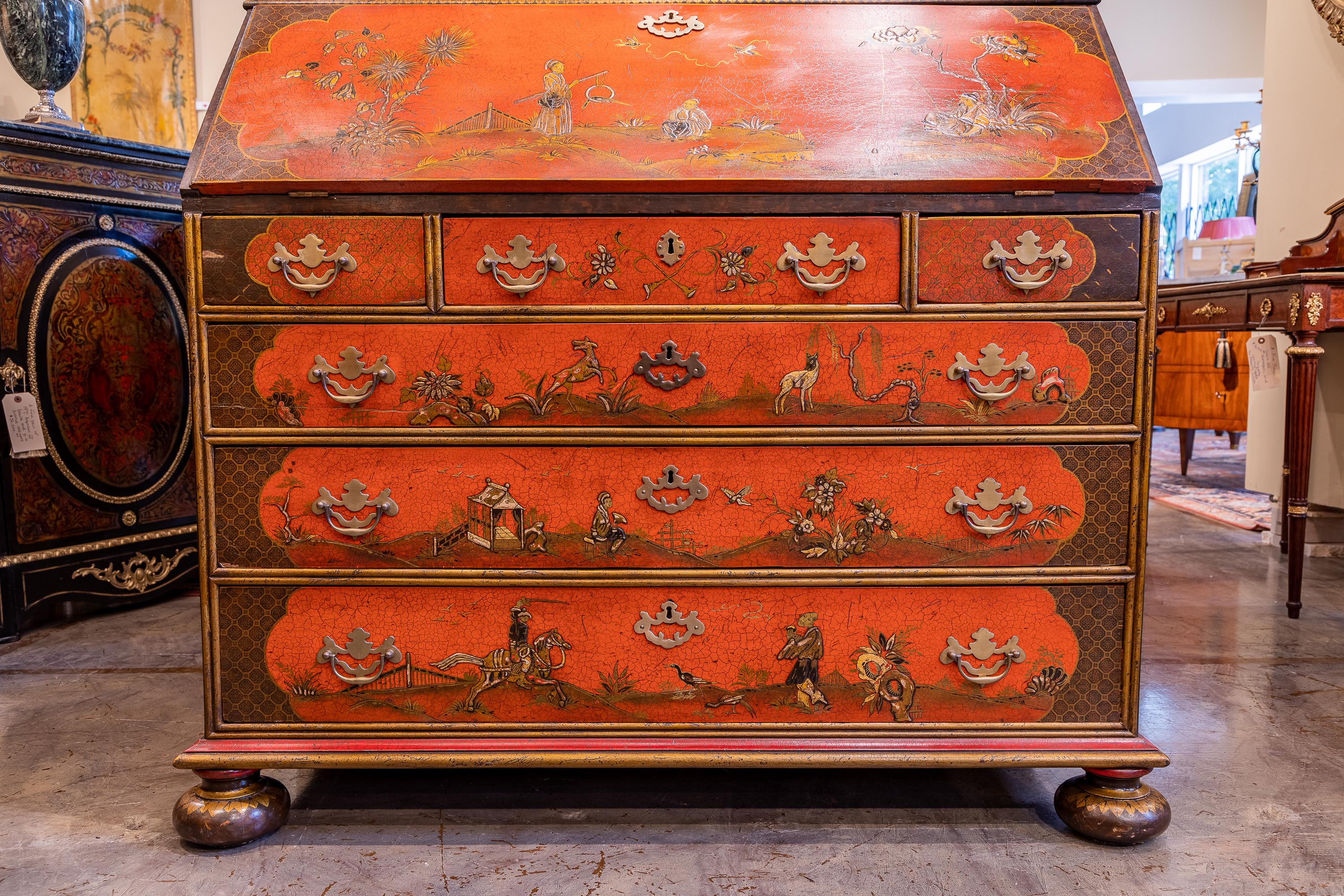 Fine 19th Century English Chinoiserie and Red Lacquered Slant Front Secretary For Sale 6