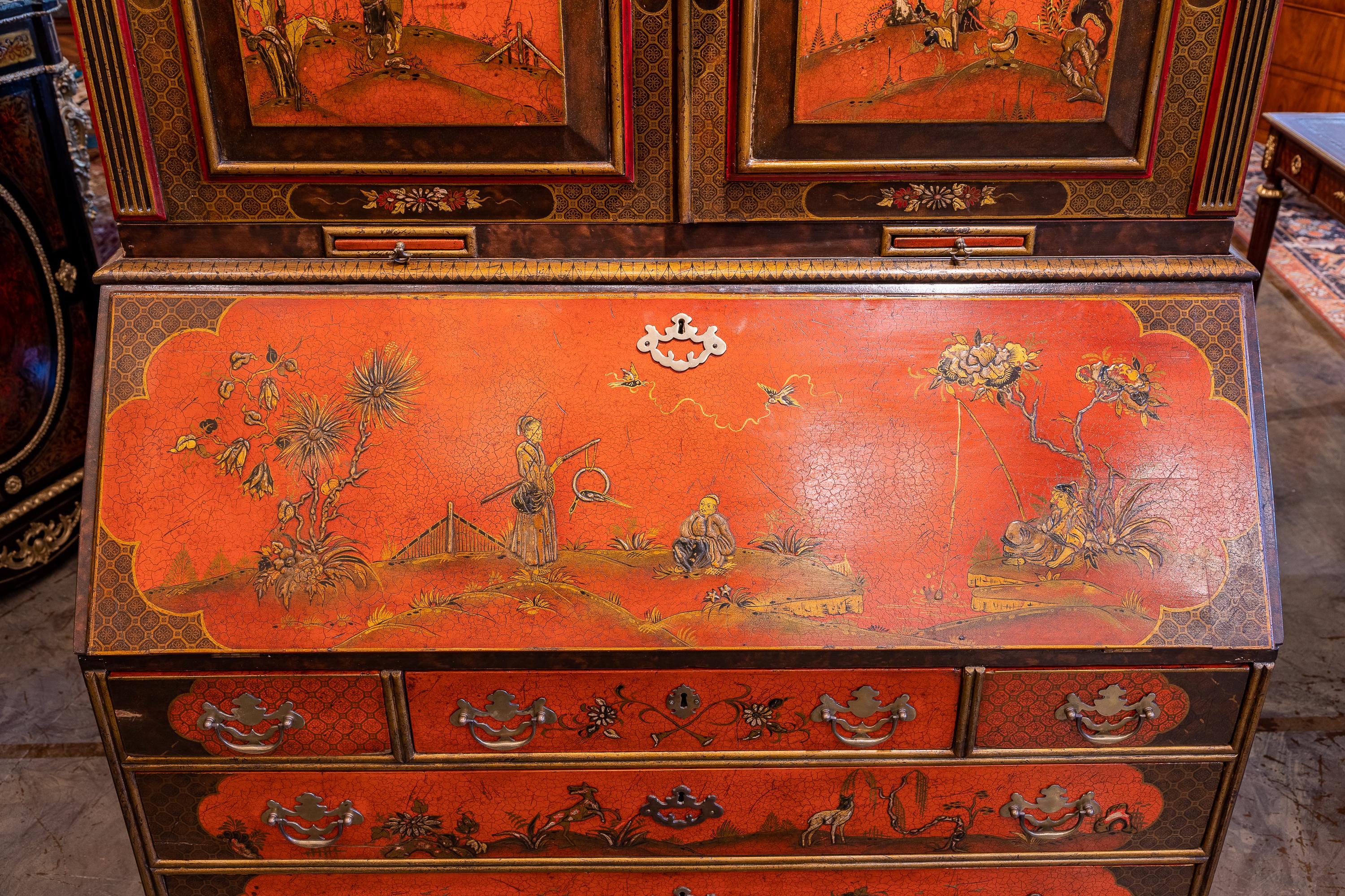 Fine 19th Century English Chinoiserie and Red Lacquered Slant Front Secretary For Sale 7