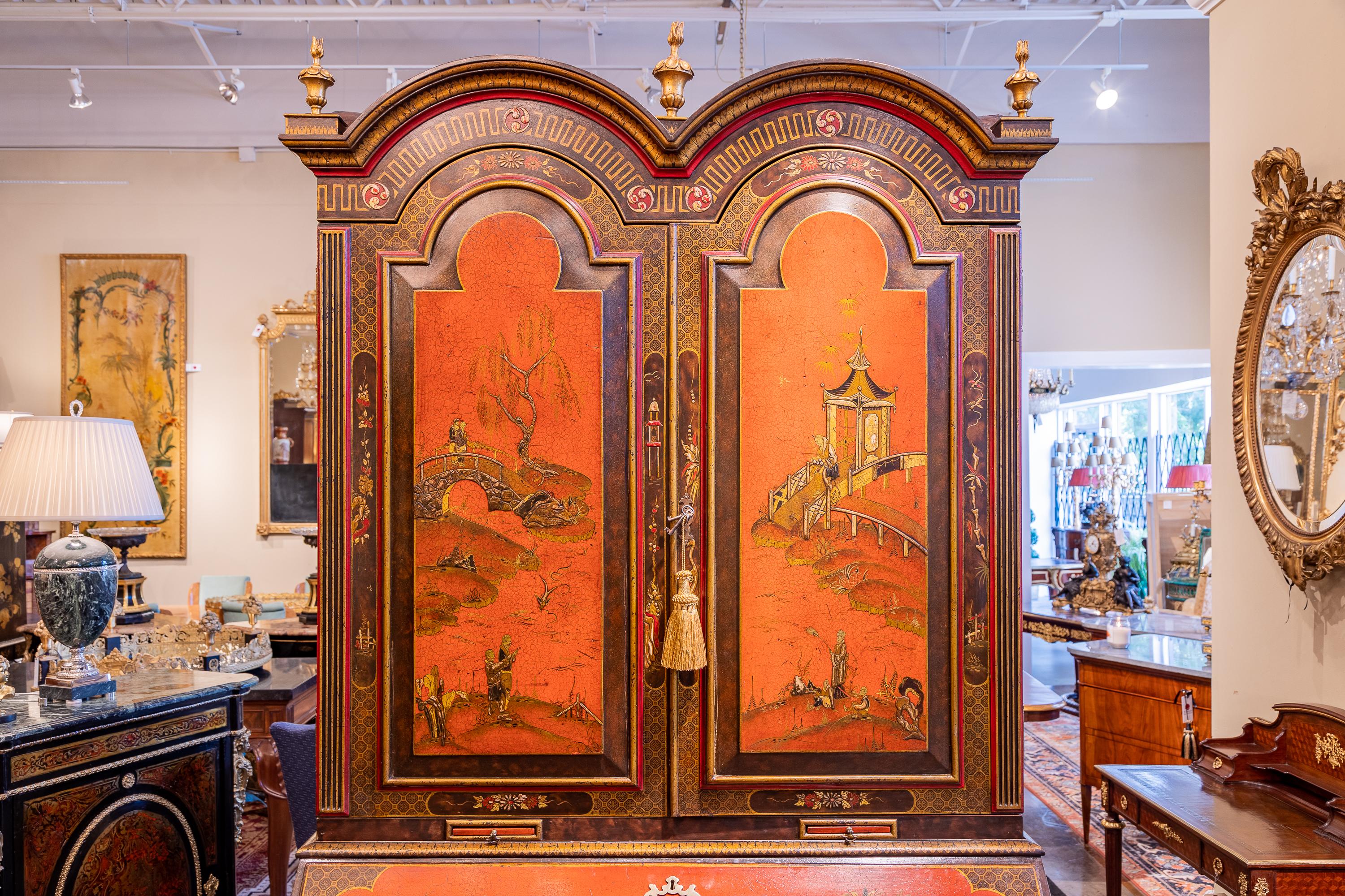 Fine 19th Century English Chinoiserie and Red Lacquered Slant Front Secretary For Sale 8