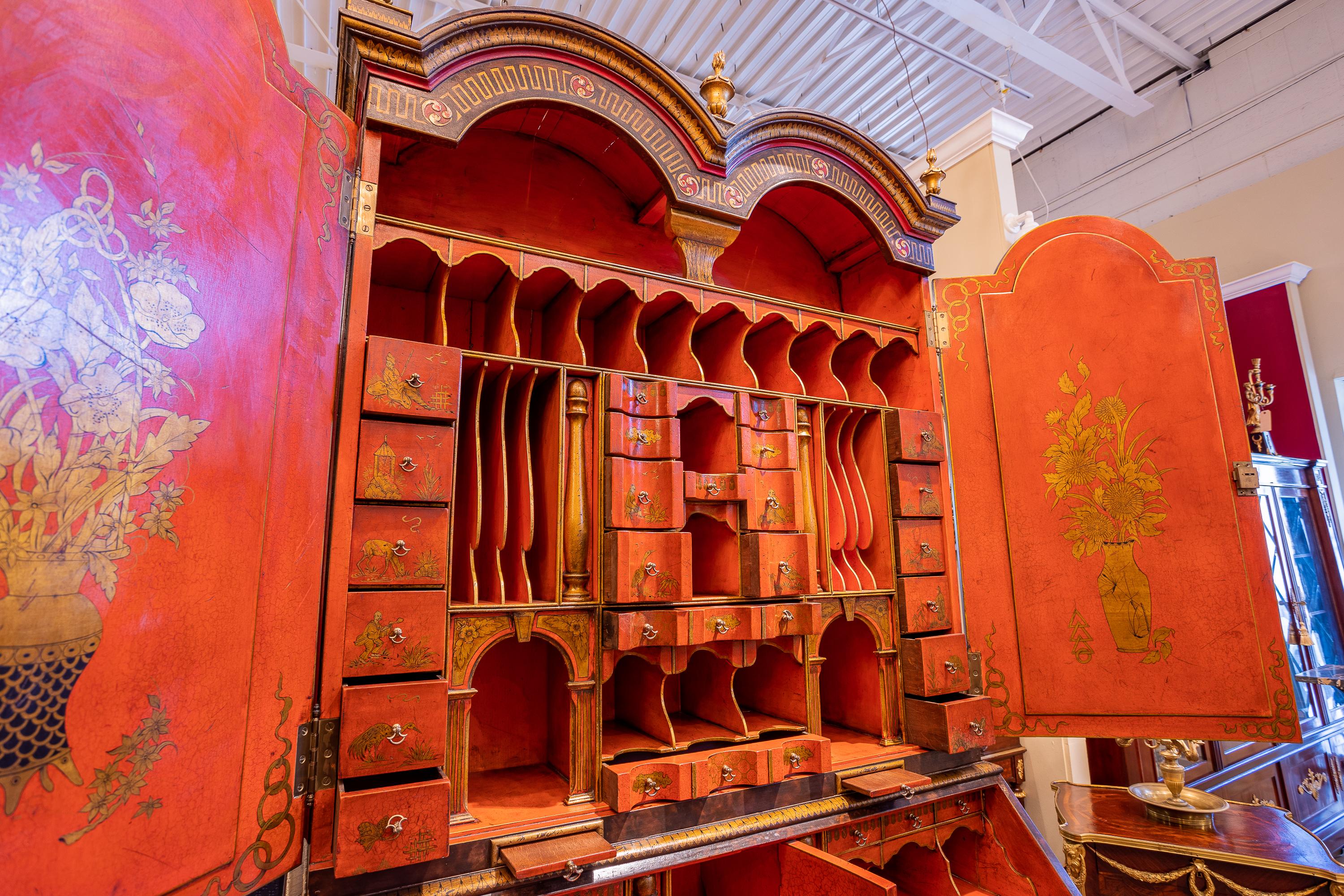 Hand-Painted Fine 19th Century English Chinoiserie and Red Lacquered Slant Front Secretary For Sale