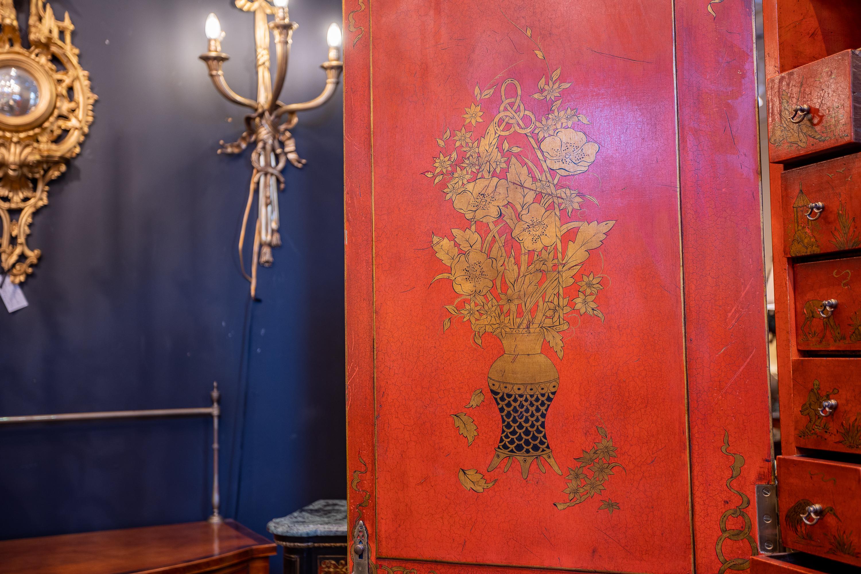 Wood Fine 19th Century English Chinoiserie and Red Lacquered Slant Front Secretary For Sale
