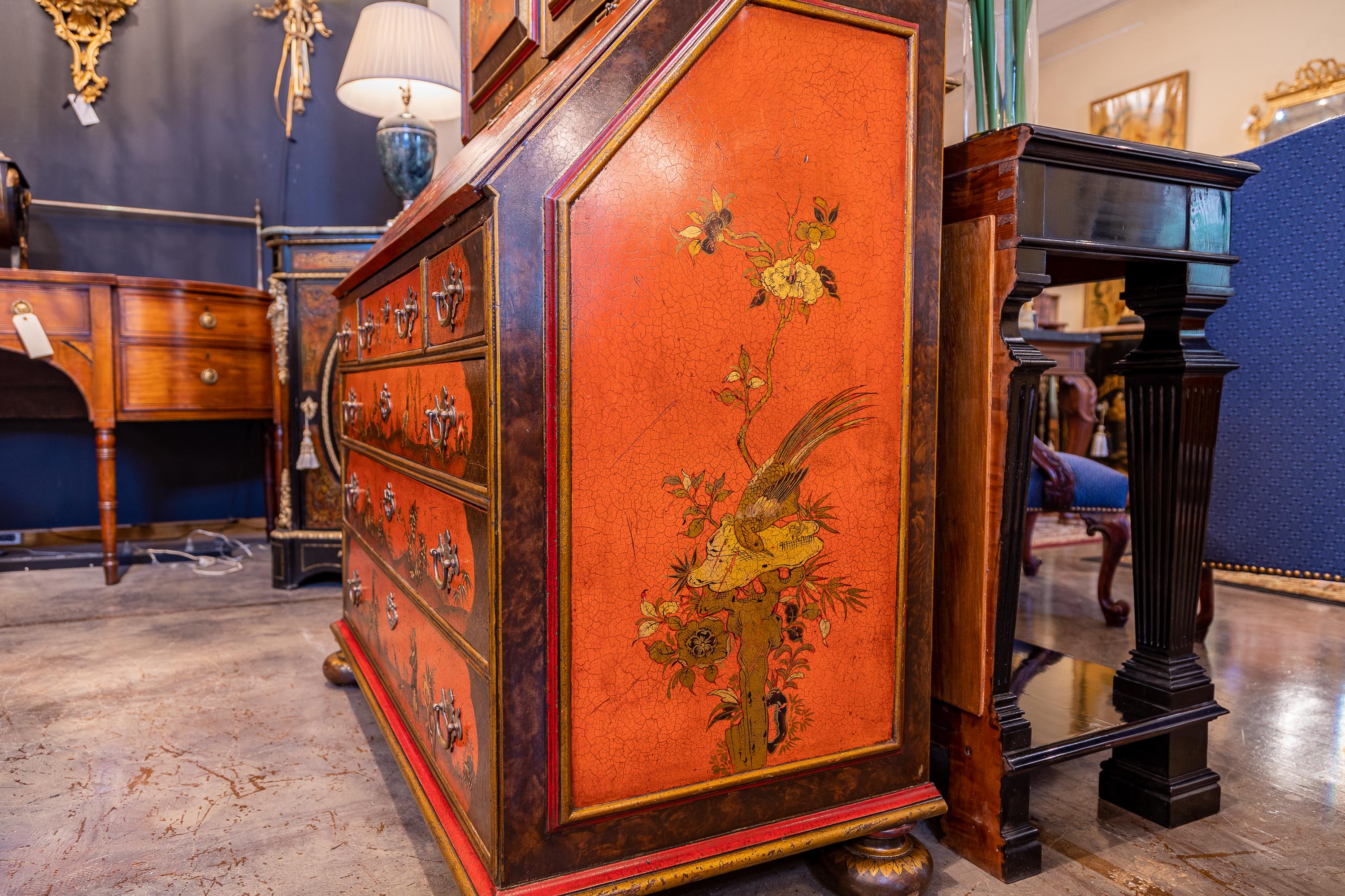Fine 19th Century English Chinoiserie and Red Lacquered Slant Front Secretary For Sale 4