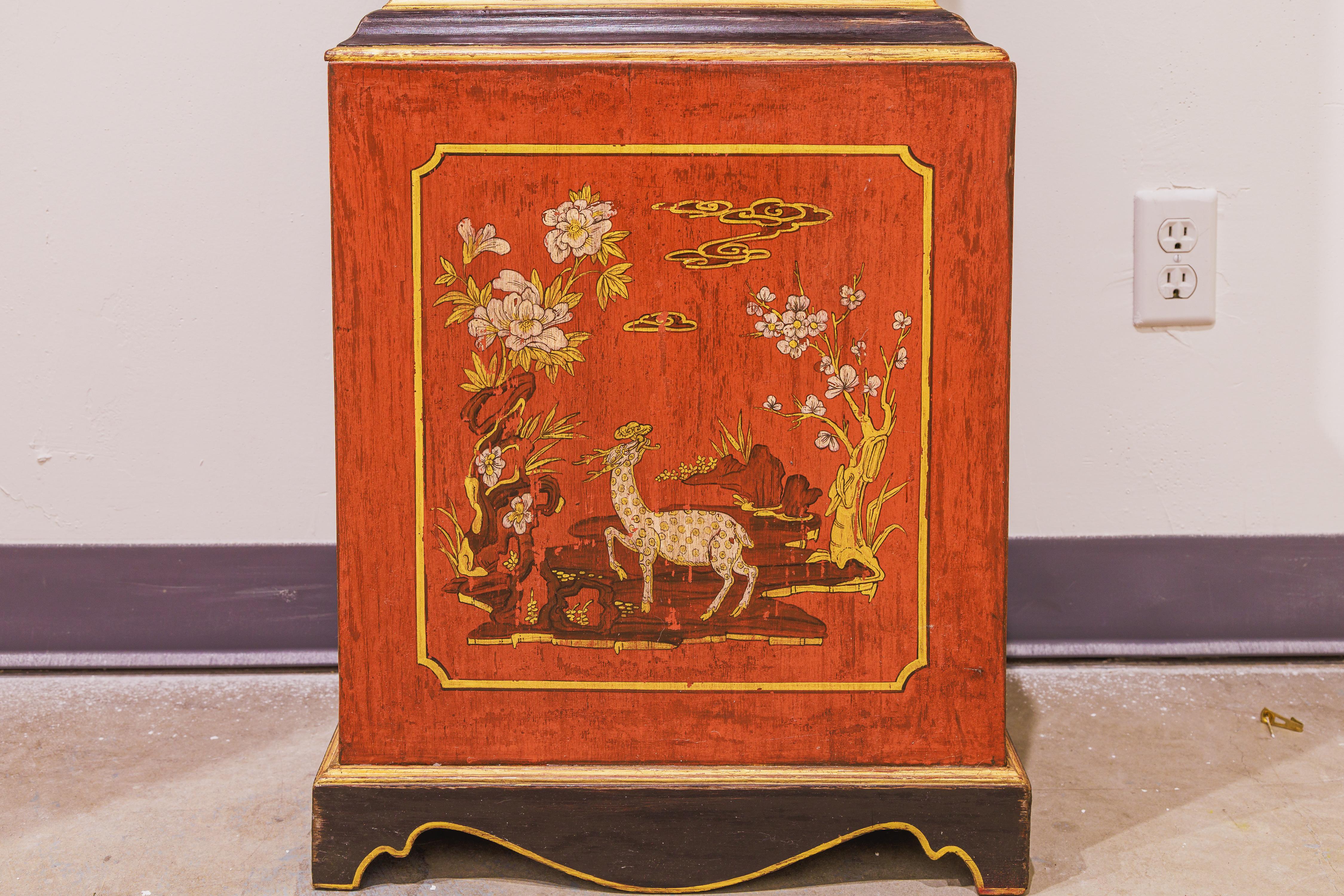 Hand-Painted A fine 19th century English red painted Chinoiserie  Grandfather clock For Sale