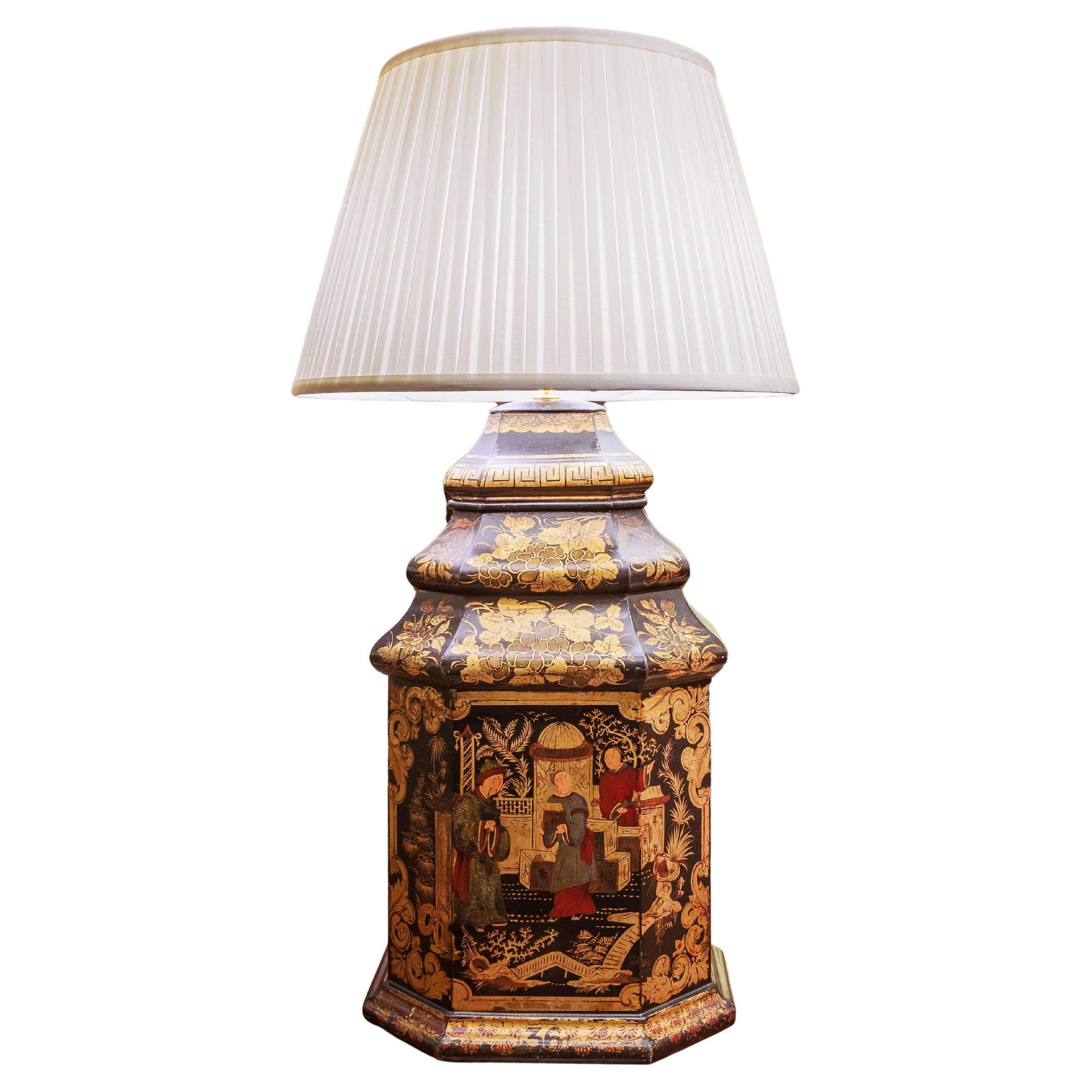 A fine 19th century English Regency tole and hand painted tea canister lamp