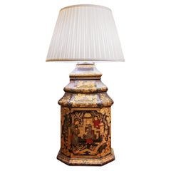 A fine 19th century English Regency tole and hand painted tea canister lamp