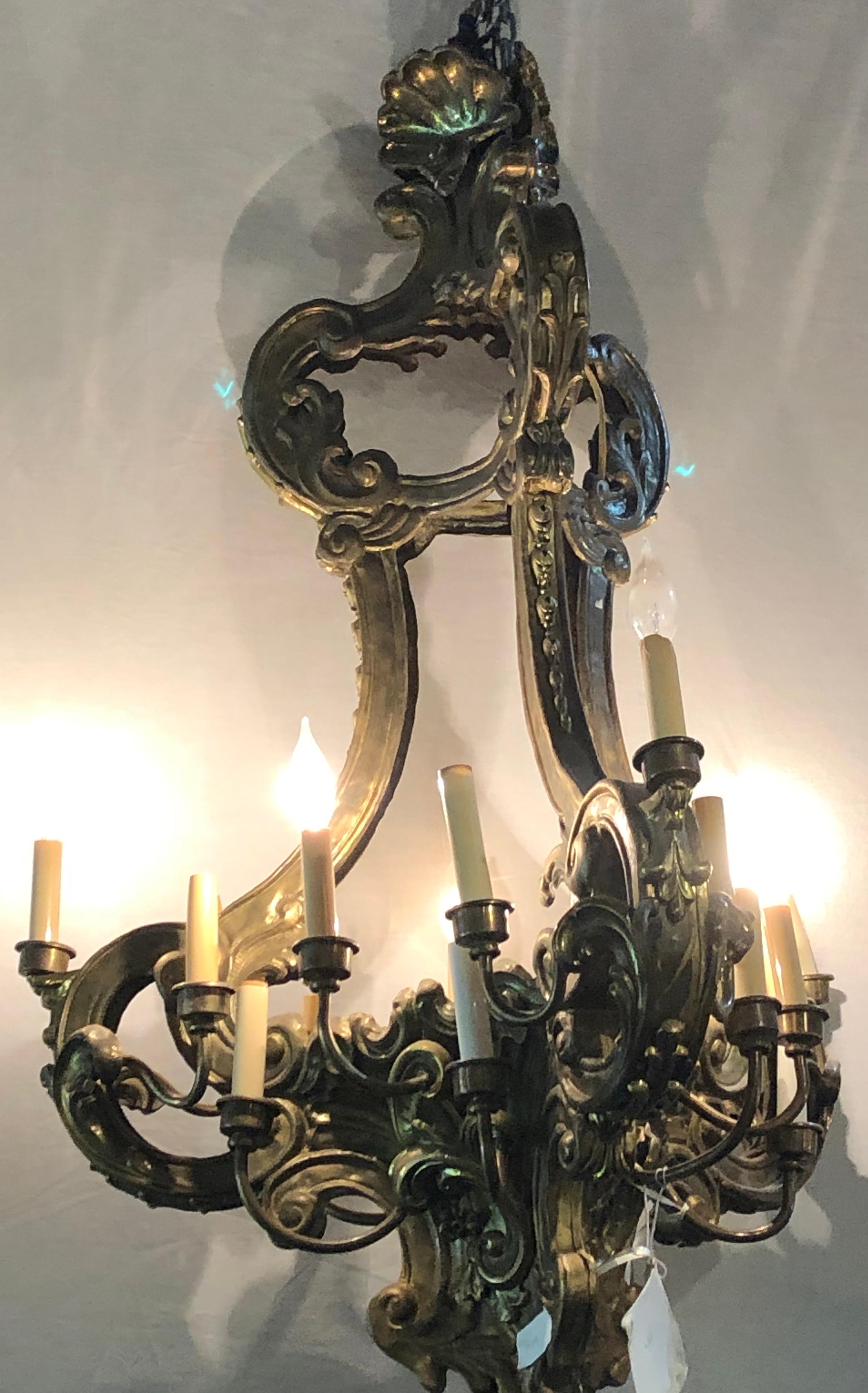 A fine 19th century French Baroque style metal chandelier having eighteen lighted arms.