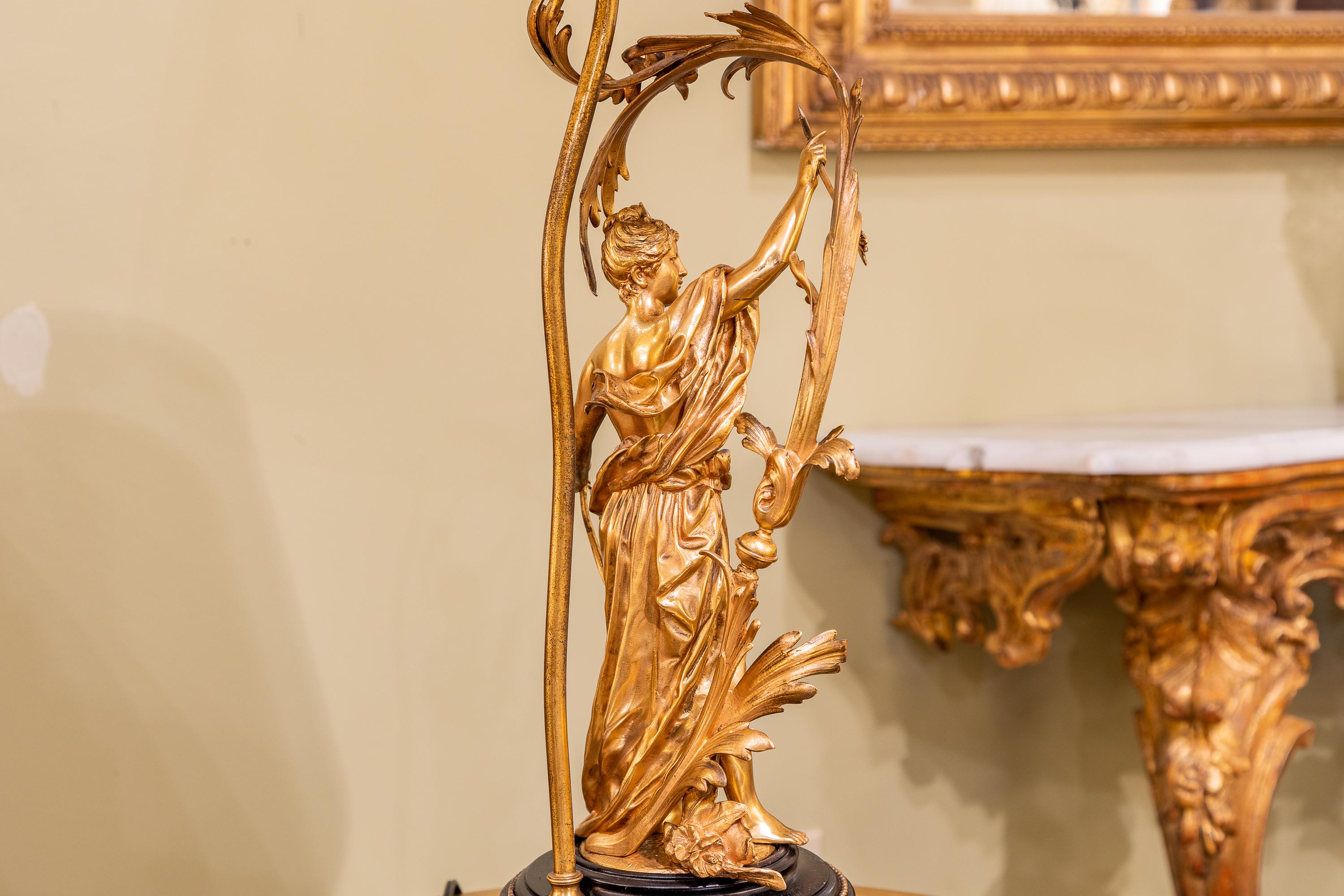 Fine 19th Century French Gilt Bronze Figural Lamp Signed Moreau In Good Condition For Sale In Dallas, TX