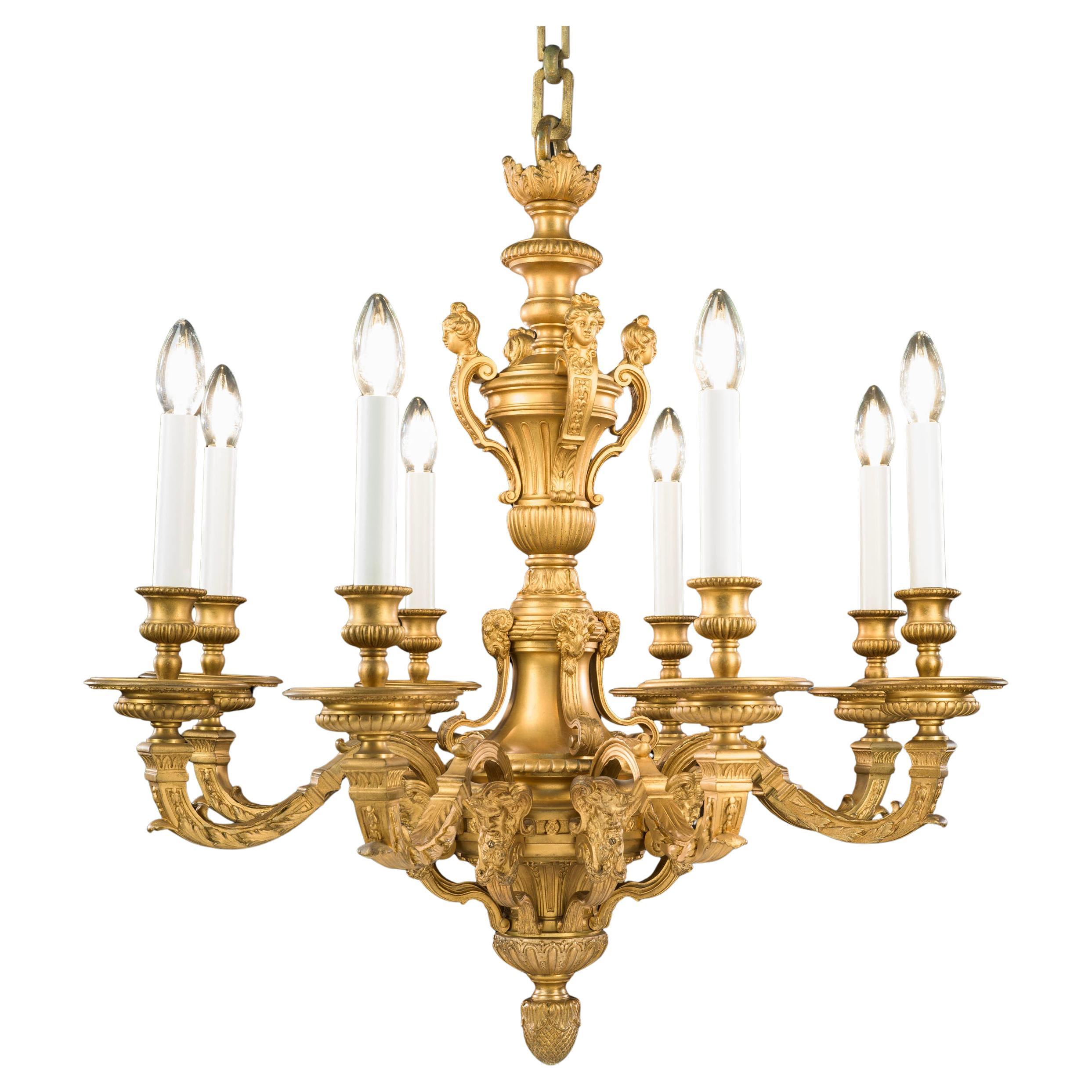 Raffinato lampadario francese in bronzo dorato e ormeggio del XIX secolo in vendita