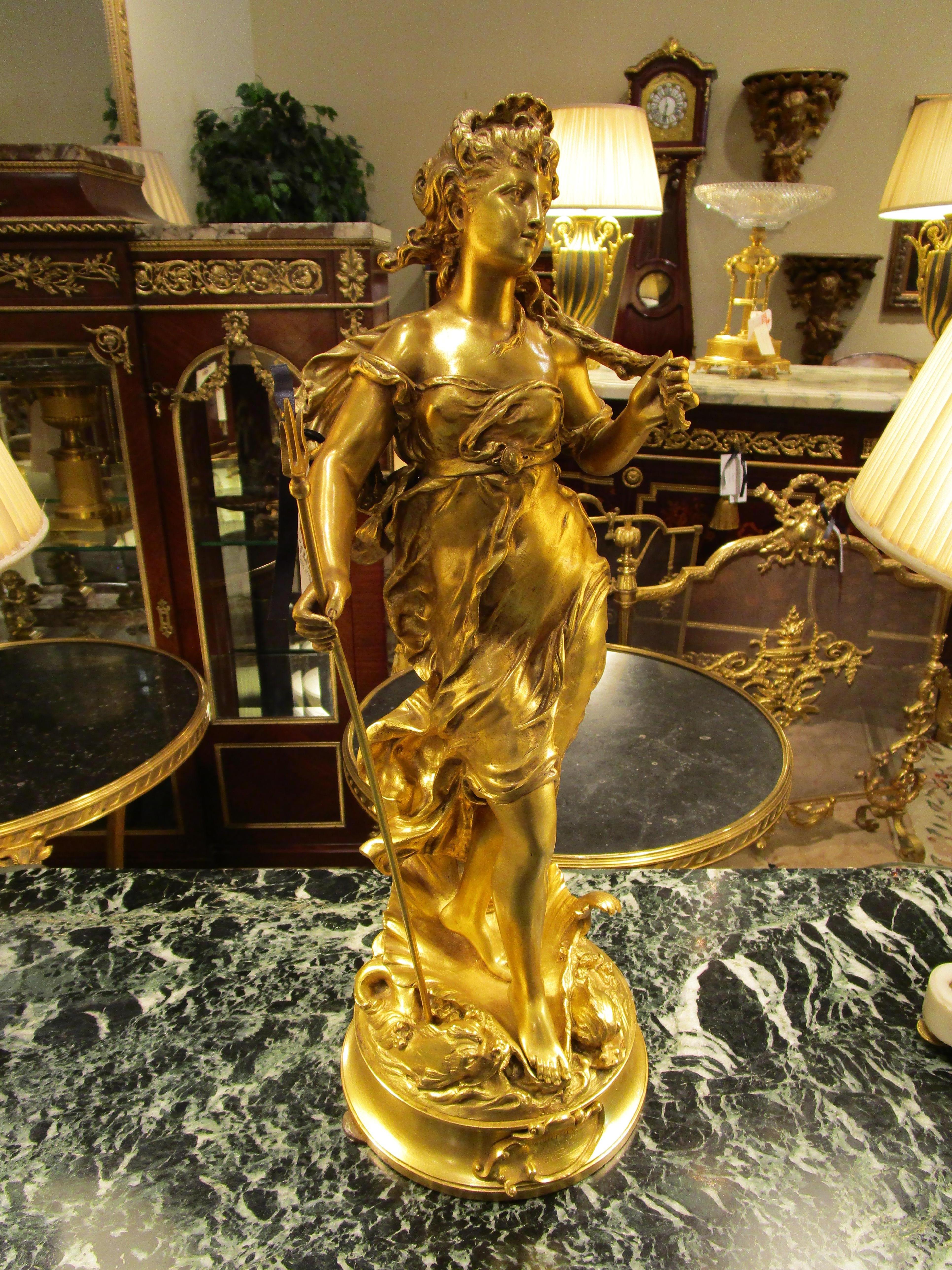 Belle Époque A fine 19th century French gilt bronze sculpture of Amphitrite by Aug Moreau 